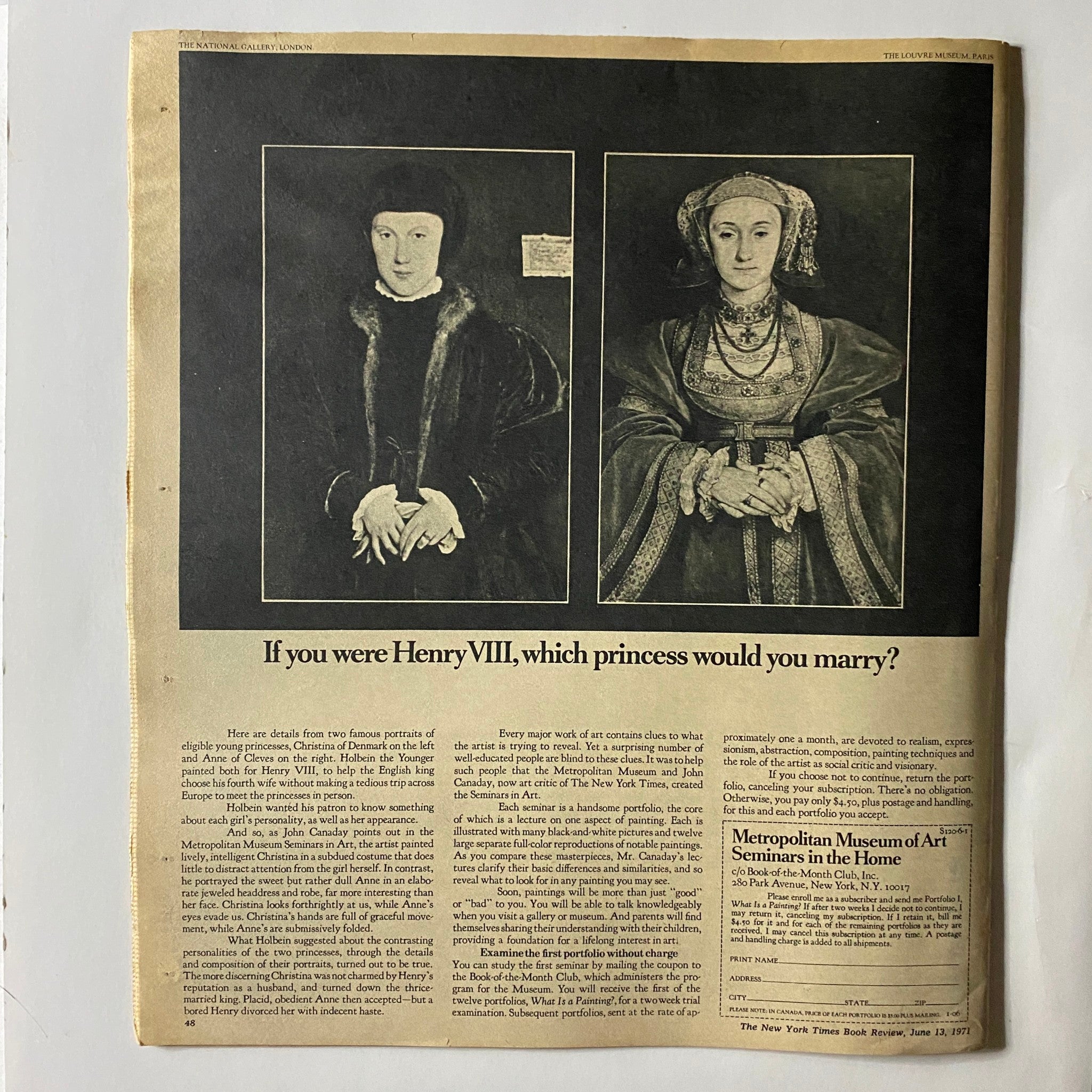 The New York Times Book Review June 13, 1971 includes a segment discussing famous portraits of eligible princesses, with images of Anne of Cleves and another princess, highlighting historical insights.