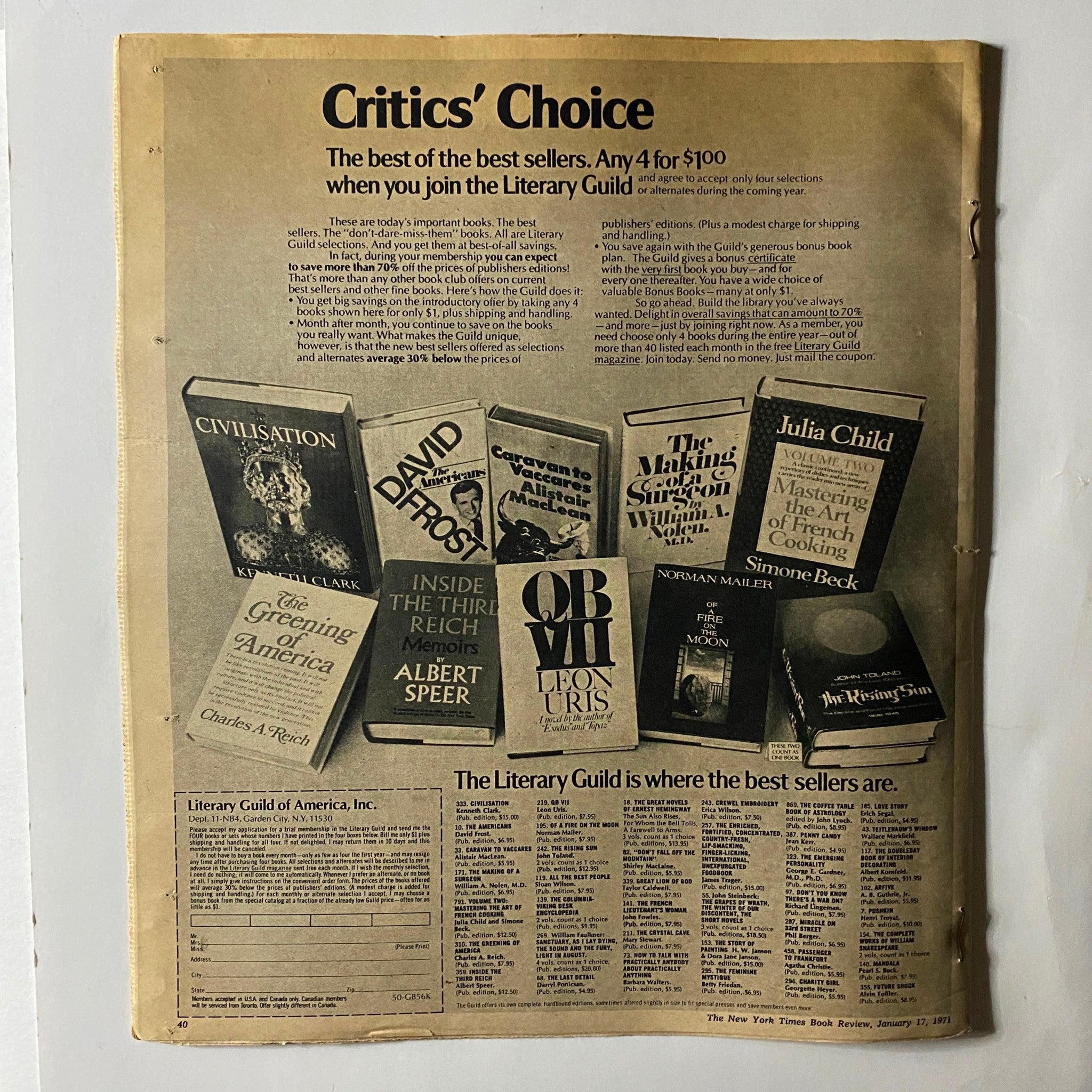 The New York Times Book Review January 17, 1971 showcasing a Critics' Choice advertisement for best-selling books from the Literary Guild.