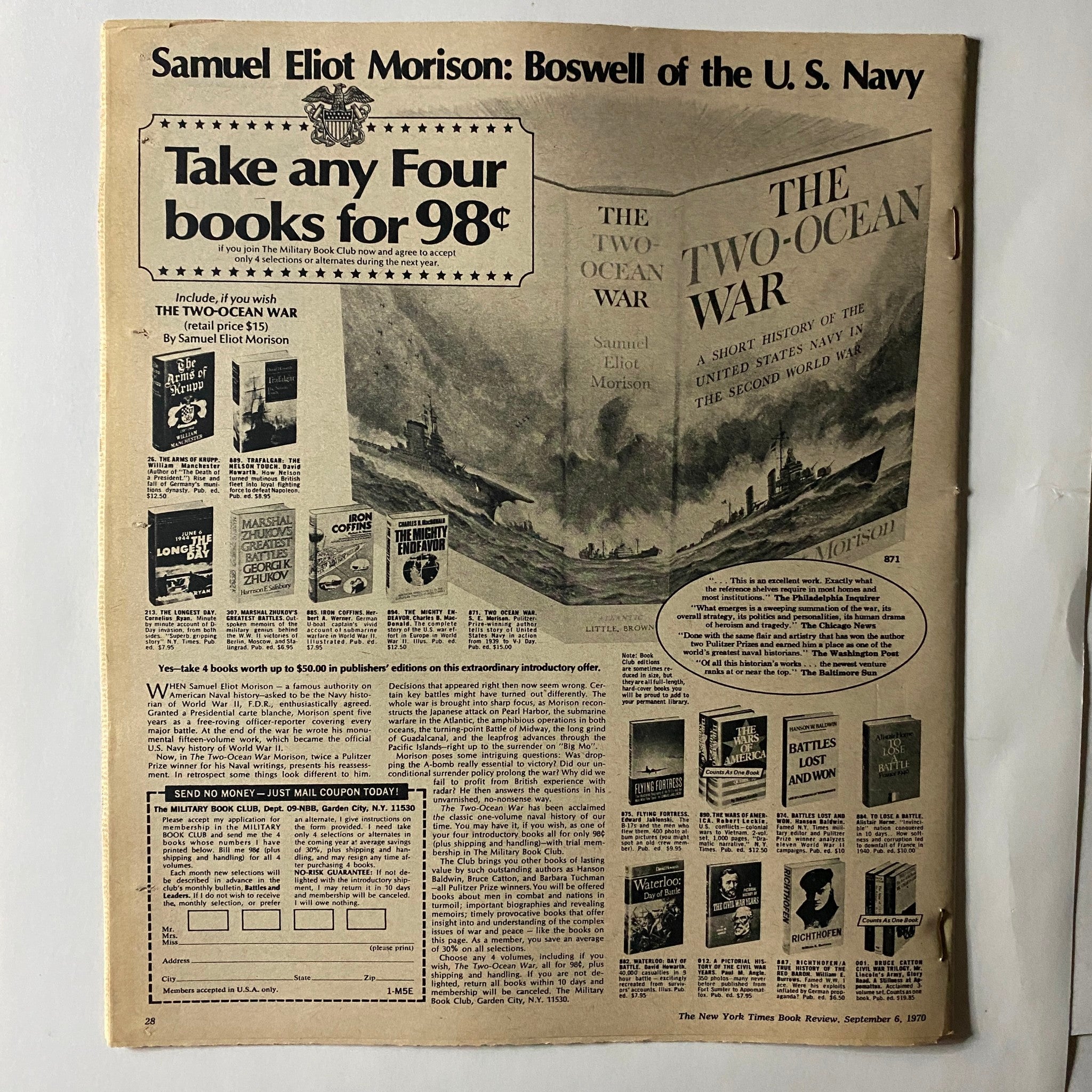 The New York Times Book Review September 6 1970, featuring an advertisement for the Military Book Club and a review of Samuel Eliot Morison's 'The Two-Ocean War'. This vintage magazine page highlights book offers and historical insights.