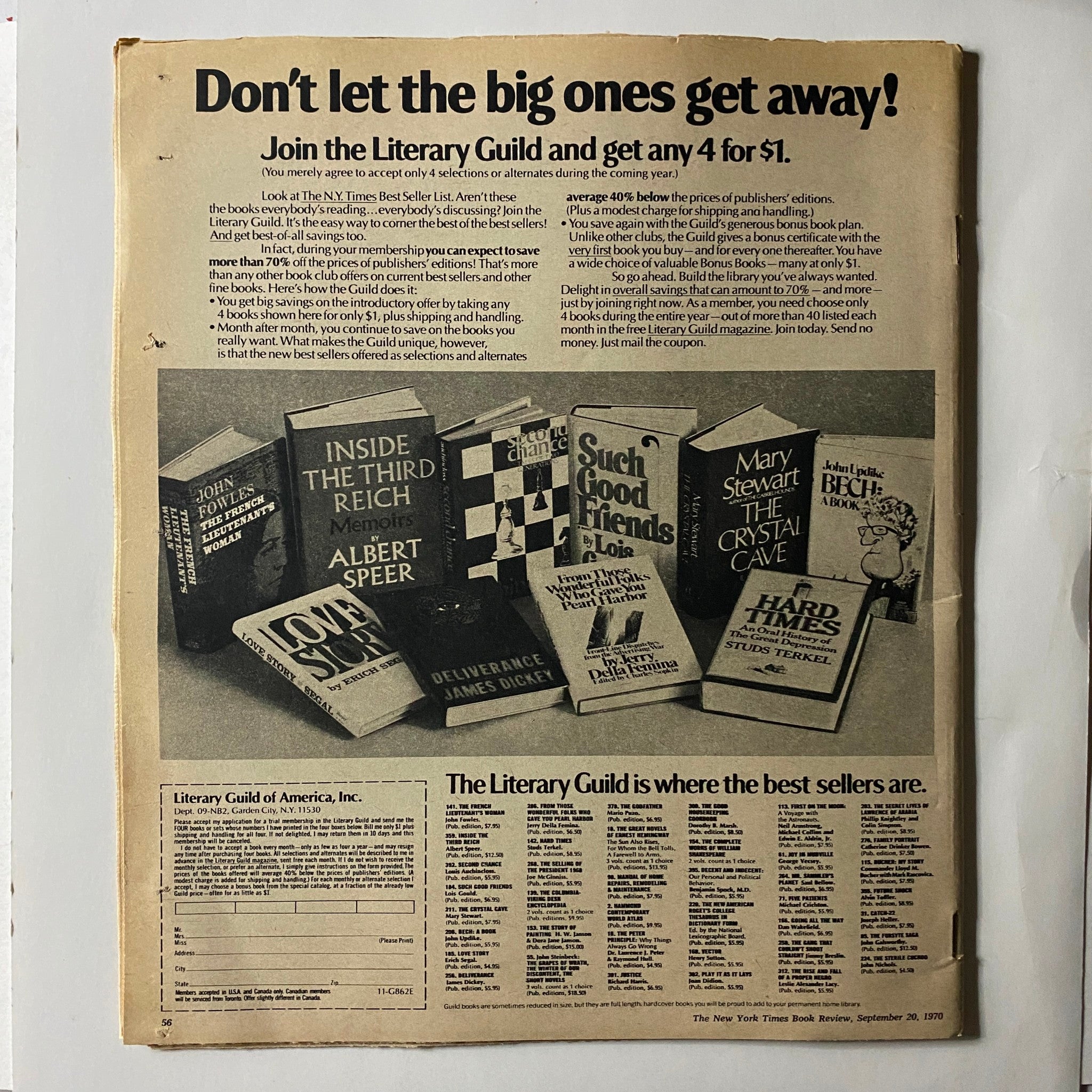 The New York Times Book Review - September 20, 1970, including an advertisement for the Literary Guild, featuring popular book titles from that era, representing the magazine's vintage charm.
