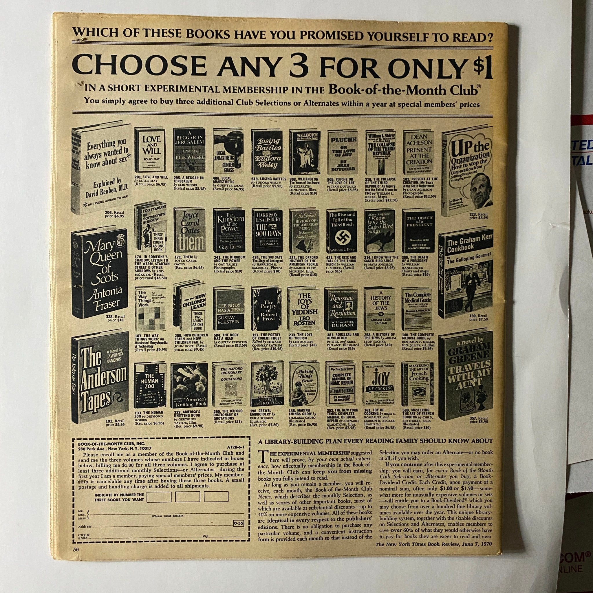 The back cover of The New York Times Book Review June 7, 1970, featuring an advertisement for the Book-of-the-Month Club. This offers readers a chance to select three books for $1, emphasizing the magazine's historical literary context.