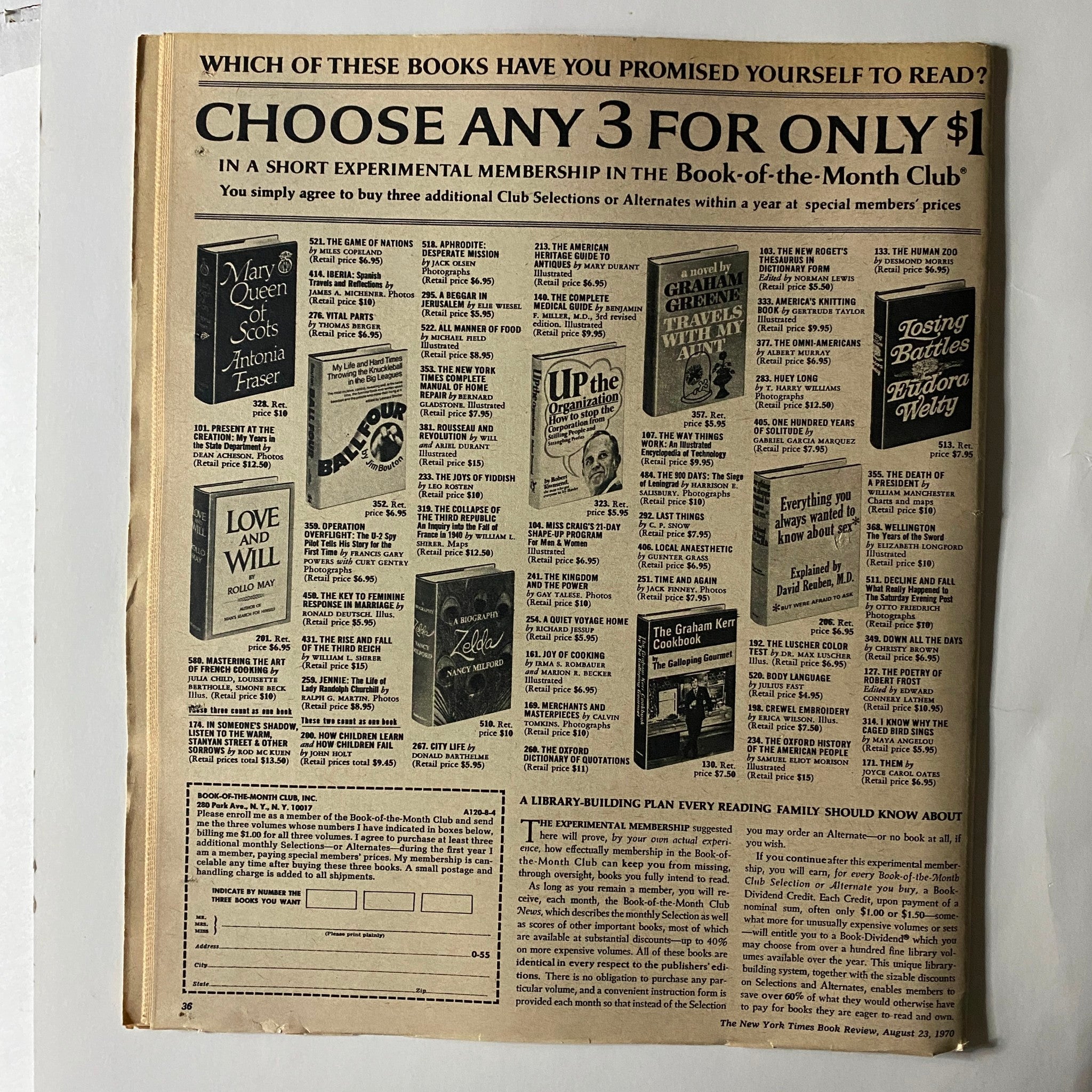 Back page of The New York Times Book Review from August 23, 1970, promoting the Book-of-the-Month Club, featuring various book titles and membership offers.