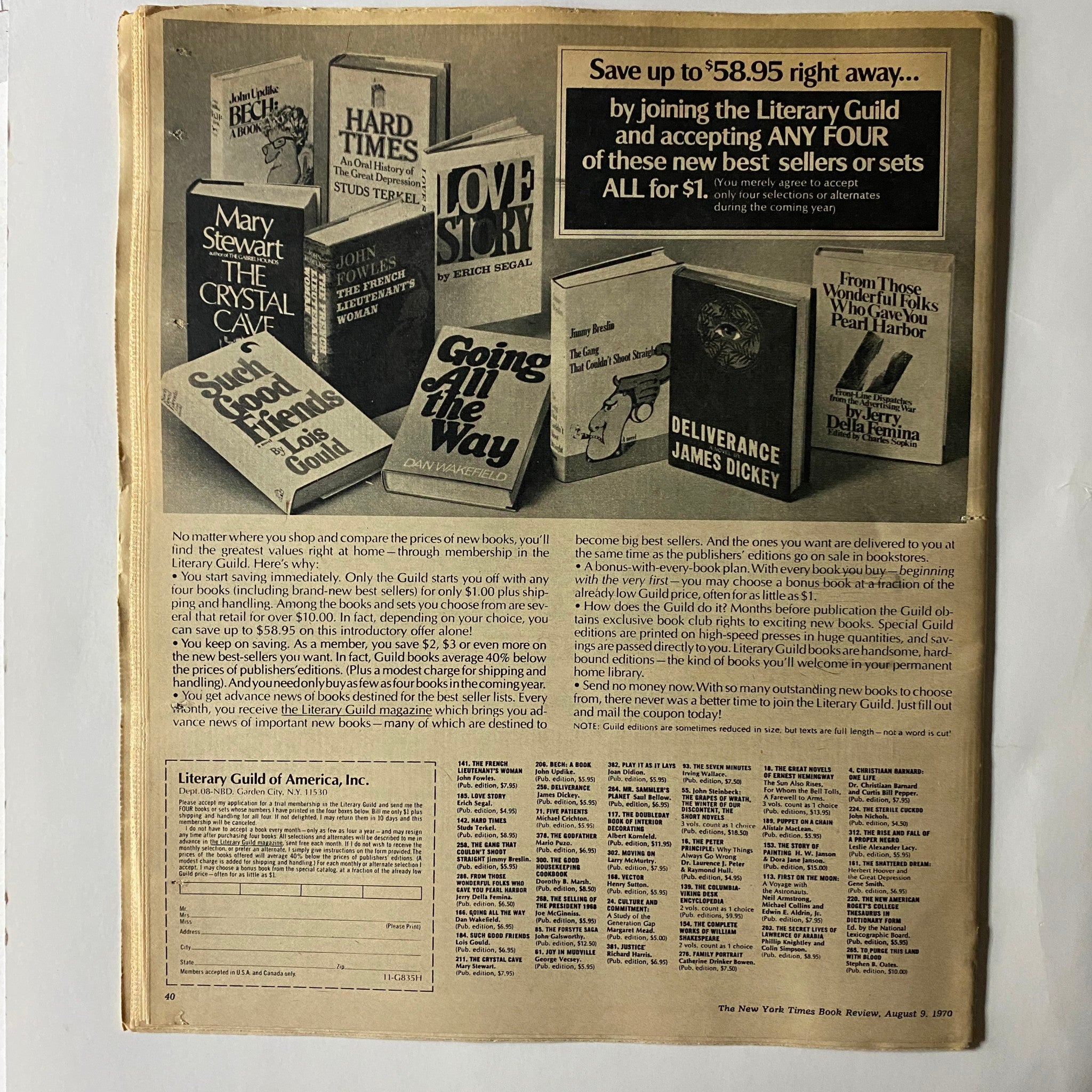 The New York Times Book Review August 9 1970 advertisement showcasing best sellers available through the Literary Guild, along with an offer to join for exclusive book deals.