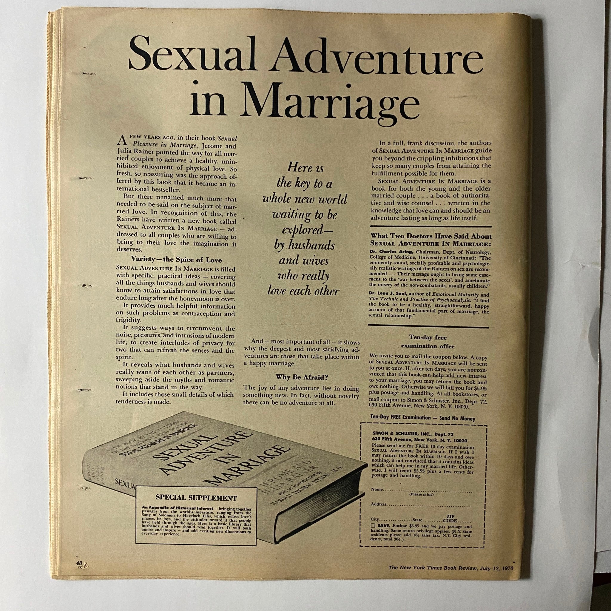 The New York Times Book Review July 12 1970, featuring an article about the book 'Sexual Adventure in Marriage,' exploring marital intimacy and communication.