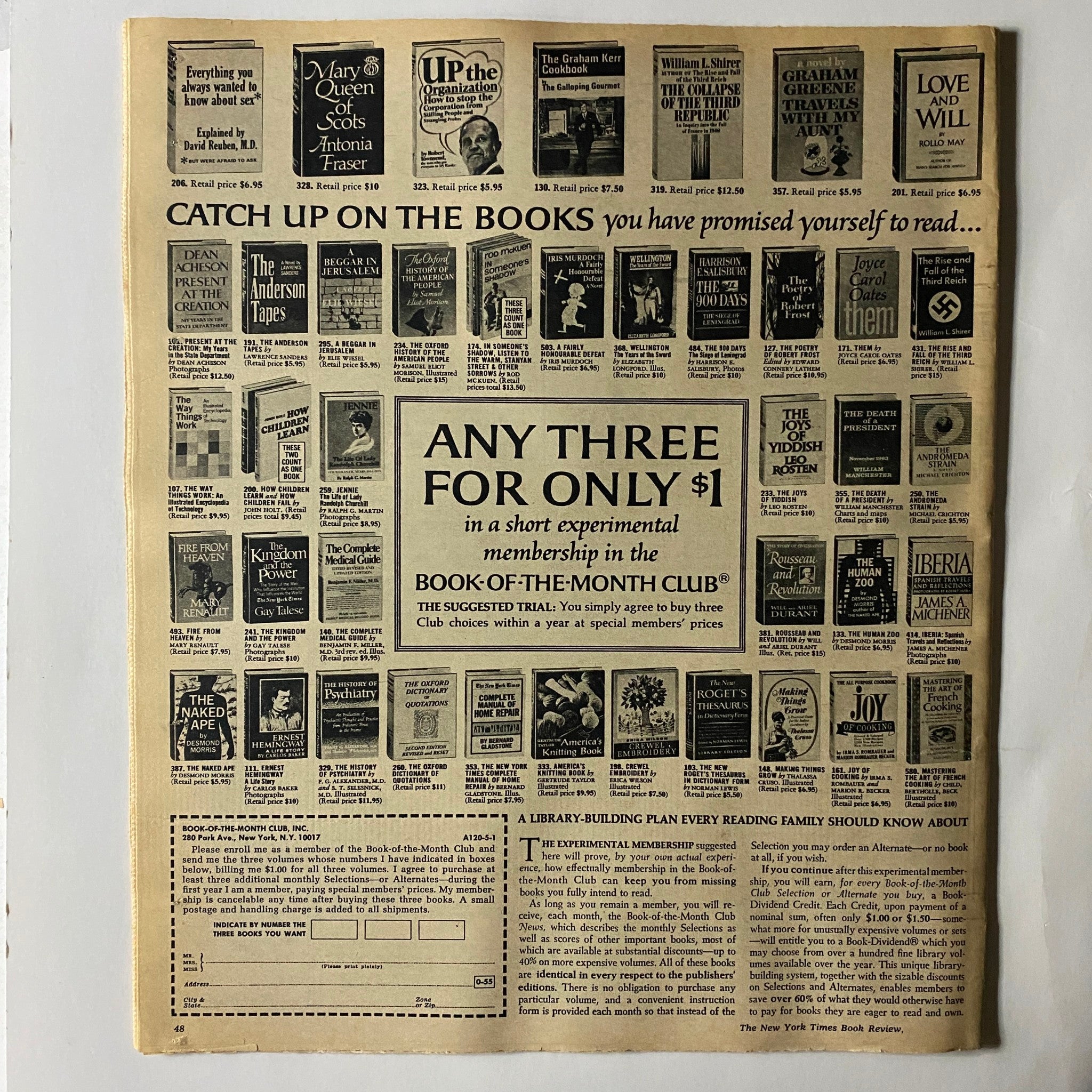 Back cover of The New York Times Book Review 1970 showcasing advertisements for various book titles and a promotional offer for membership in the Book-of-the-Month Club.