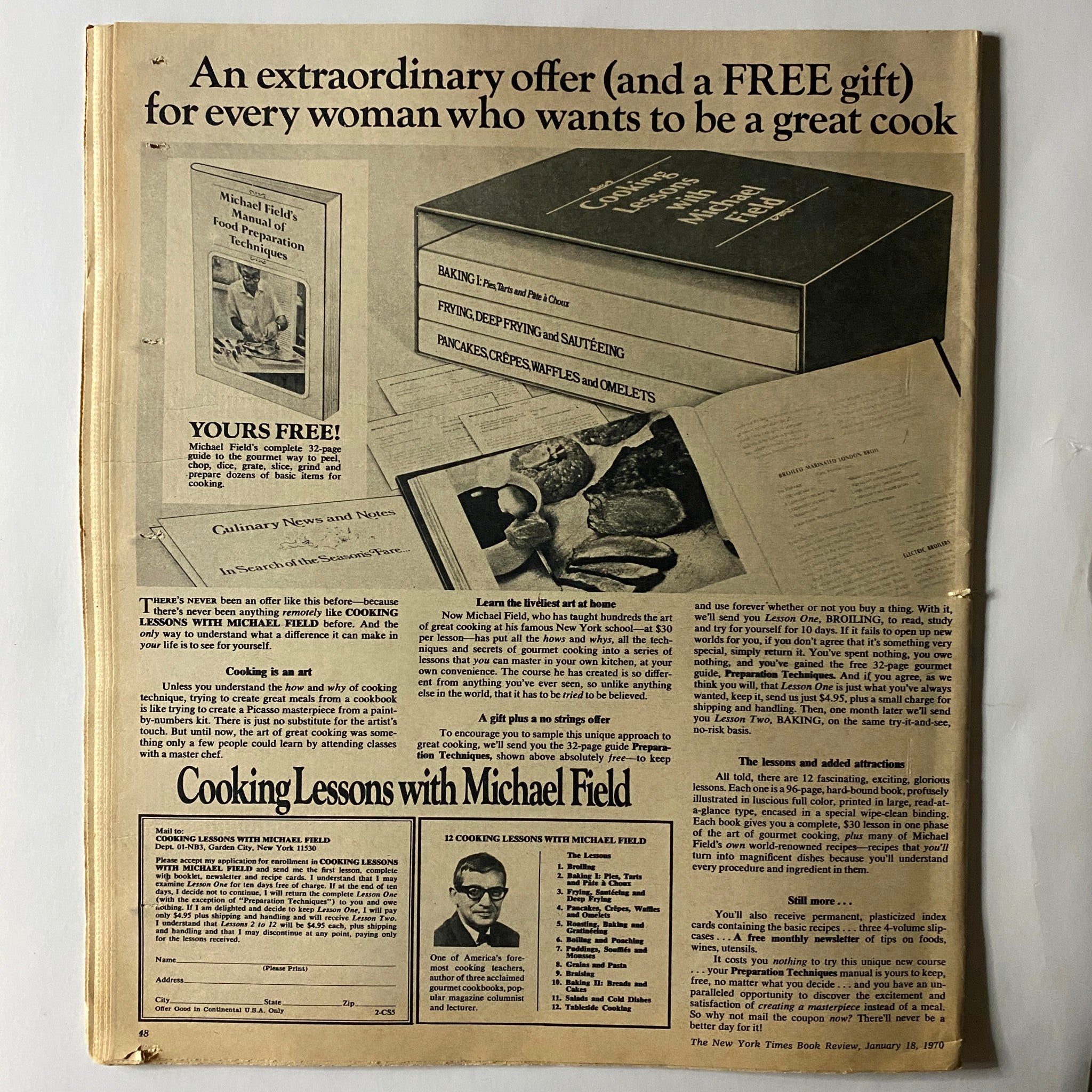 The New York Times Book Review January 18 1970 with a promotion for 'Cooking Lessons with Michael Field', highlighting offers and cooking techniques alongside related imagery.