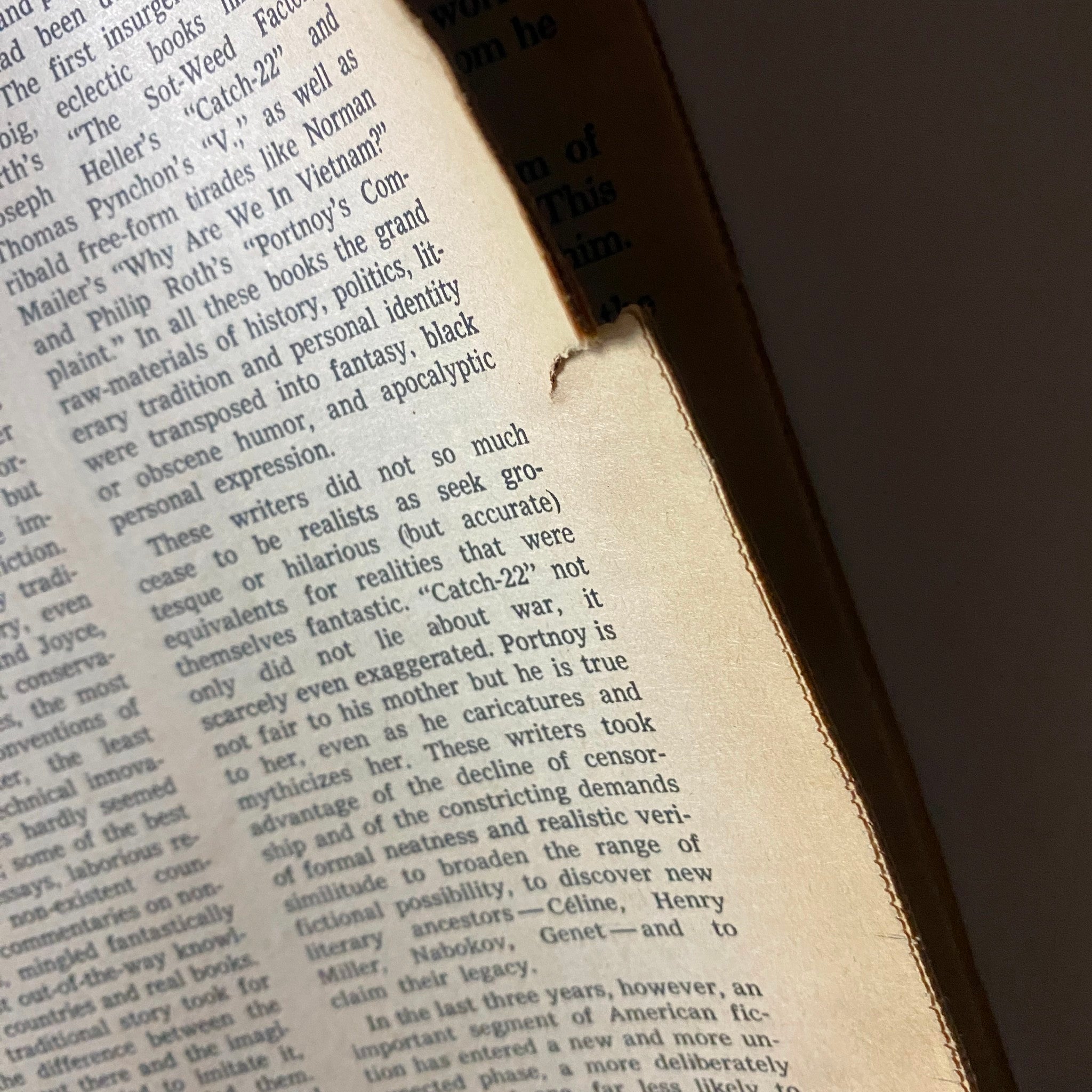 Close-up of the inner page of The New York Times Book Review 1970 City Life by Donald Barthelme showing slight wear and tear at the edge.