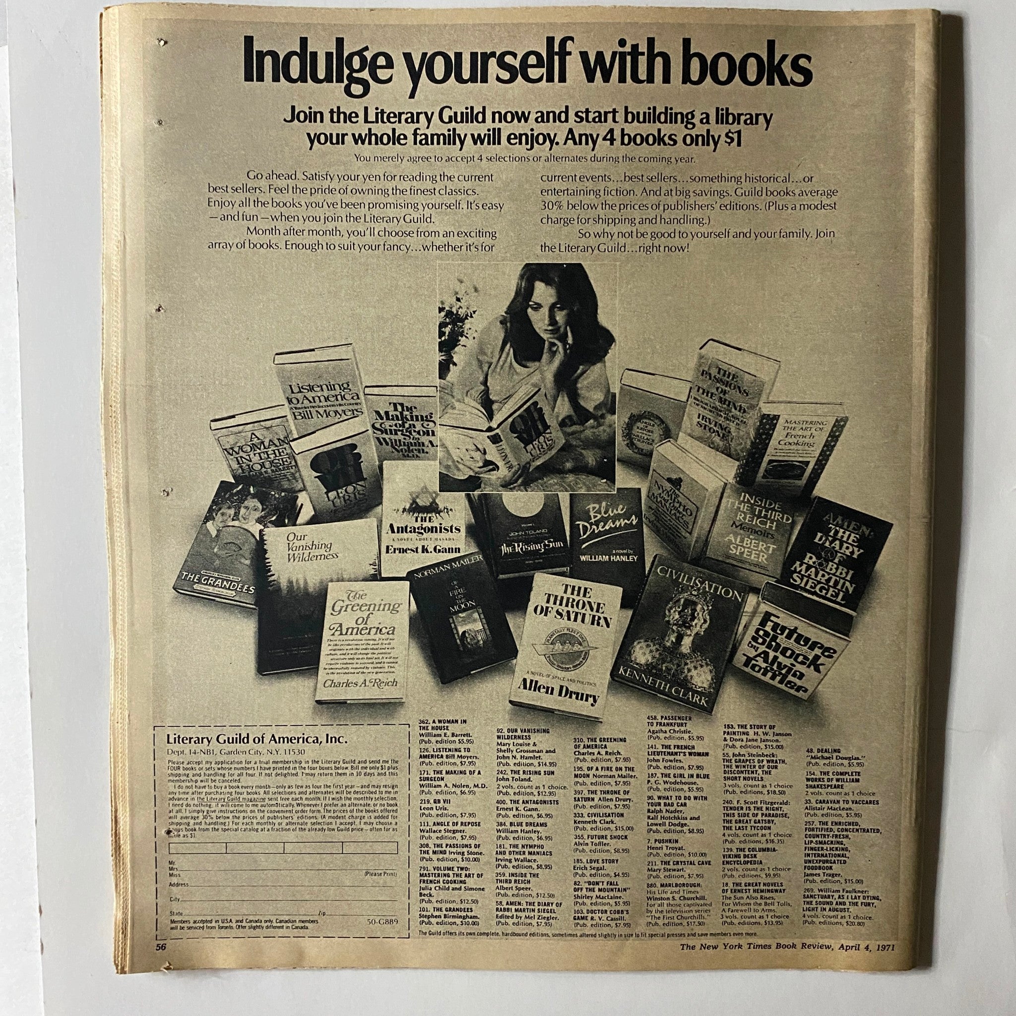 Back cover of The New York Times Book Review April 4 1971 promoting the Literary Guild, highlighting popular book titles and a subscription offer for readers.