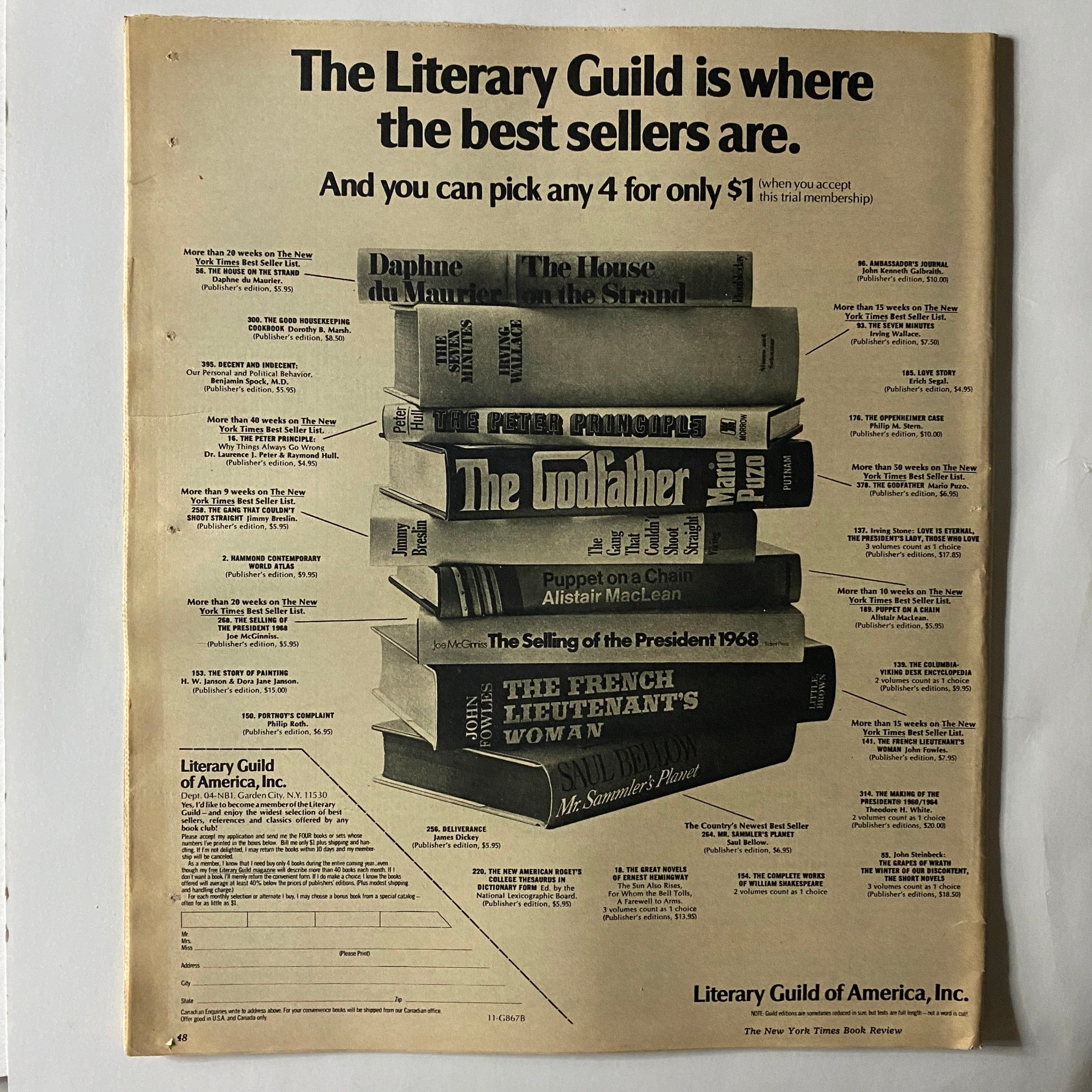 The New York Times Book Review 1970 featuring an advertisement for The Literary Guild with a stack of books, emphasizing popular titles and offers available for $1.