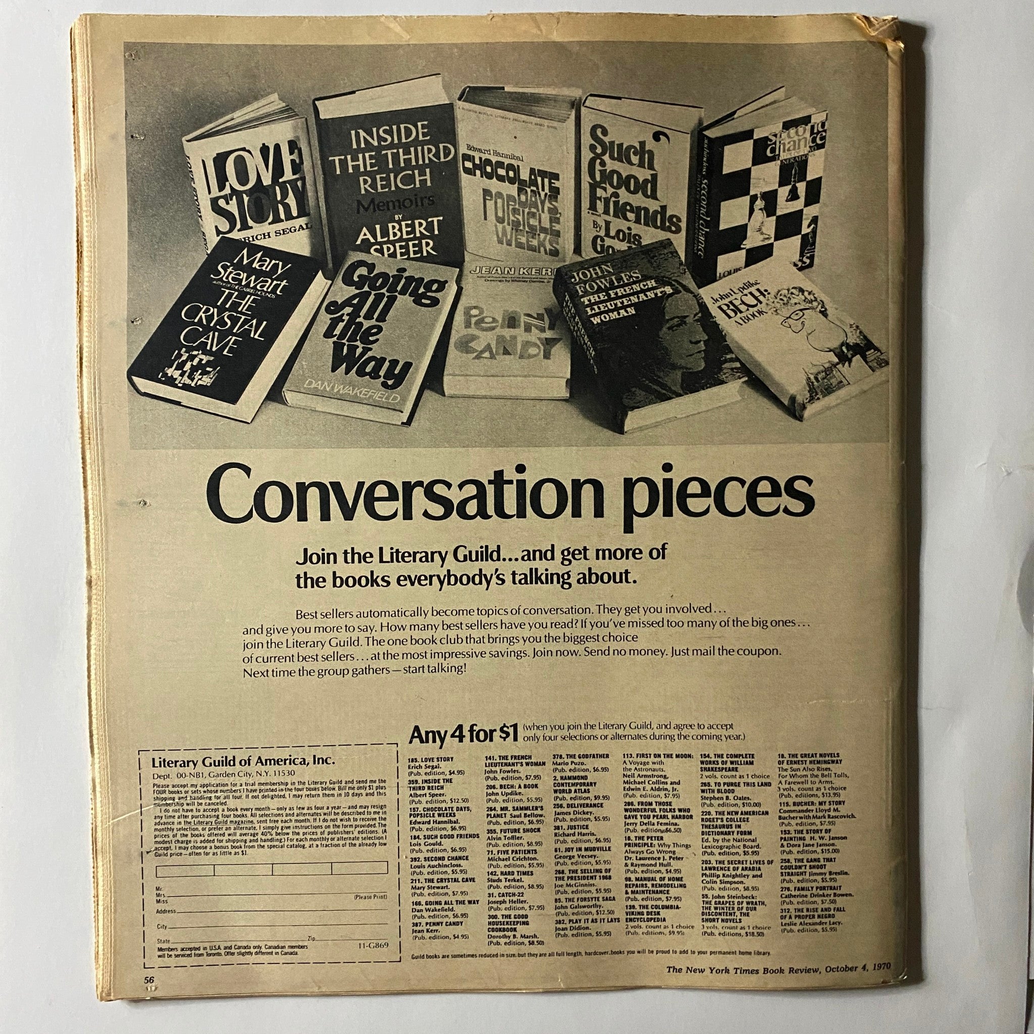 The New York Times Book Review October 4 1970 back cover highlighting conversation pieces and book promotions from the Literary Guild, featuring various book covers.