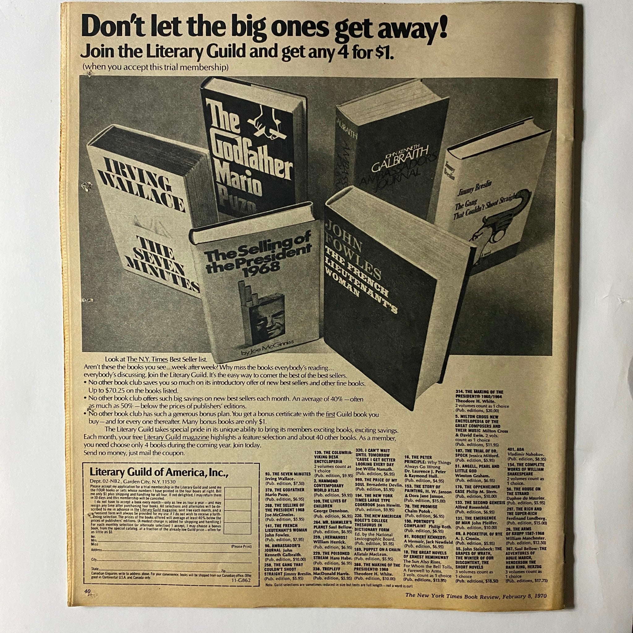 The New York Times Book Review February 8 1970 advertisement promoting the Literary Guild membership with featured book titles like 'The Godfather' and 'The Selling of the President 1968'.