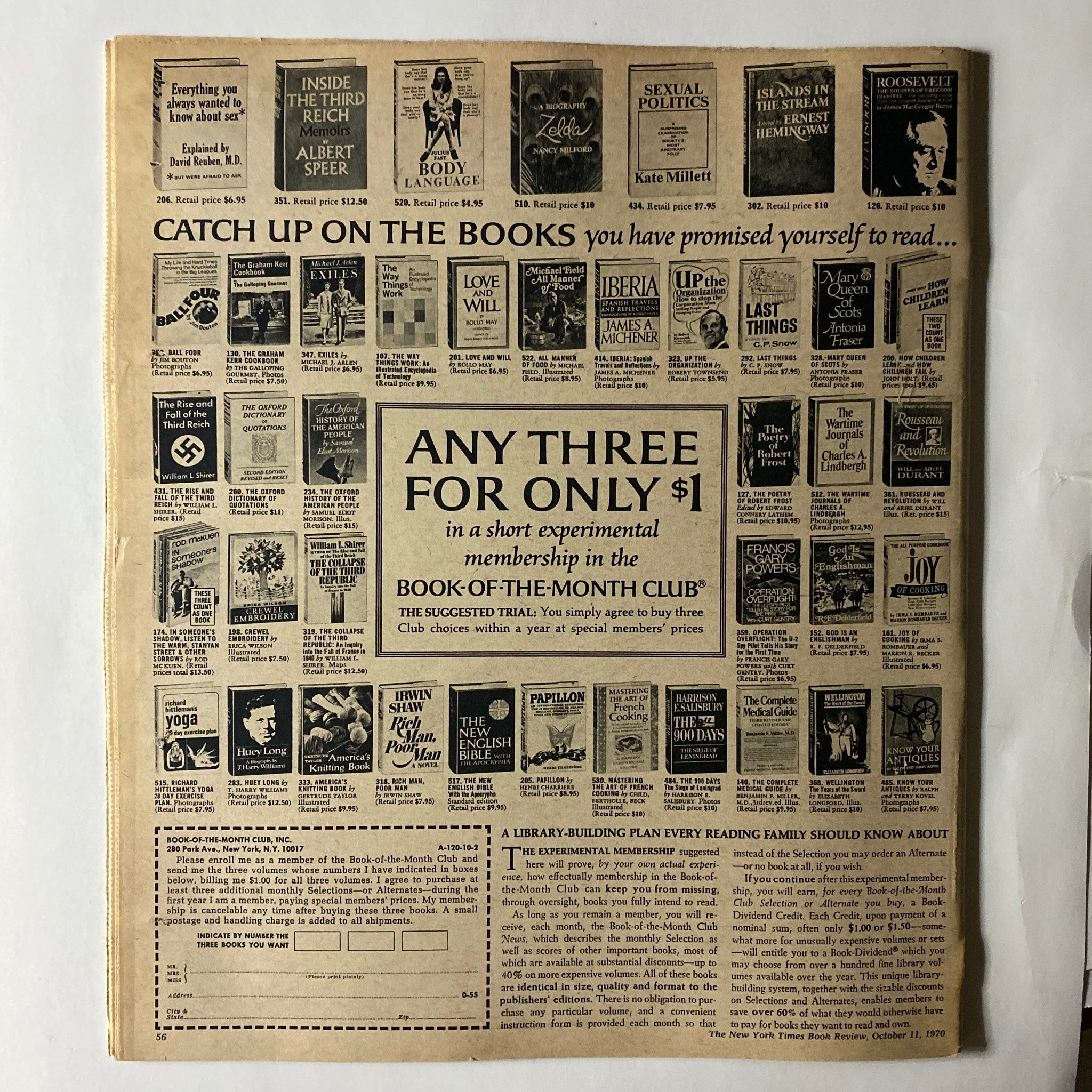 The back cover of The New York Times Book Review October 11, 1970, showcasing advertisements for books from various authors, promoting a special offer for Book-of-the-Month Club membership.