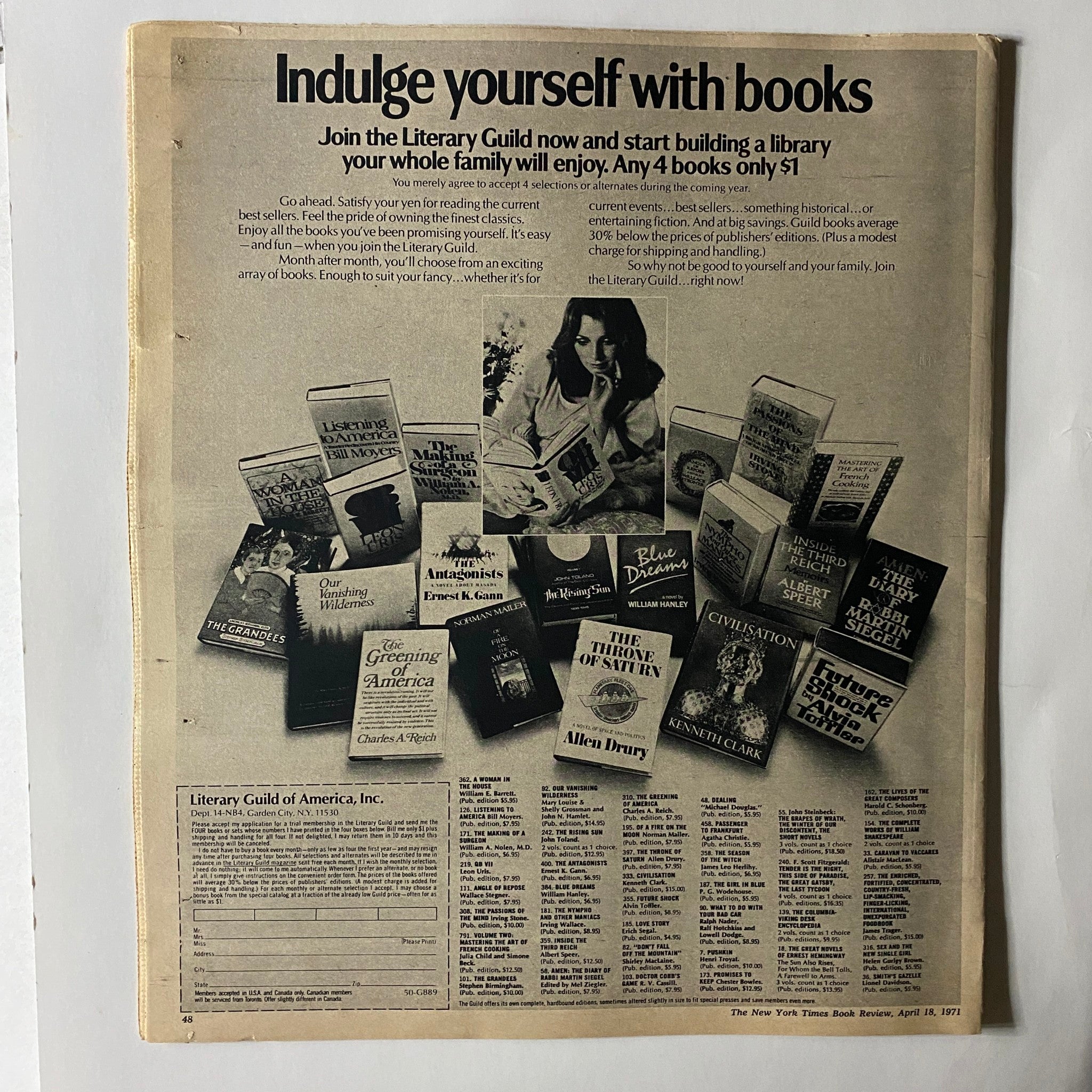 The New York Times Book Review April 18, 1971 back cover displaying an advertisement for the Literary Guild with a variety of book titles and images.