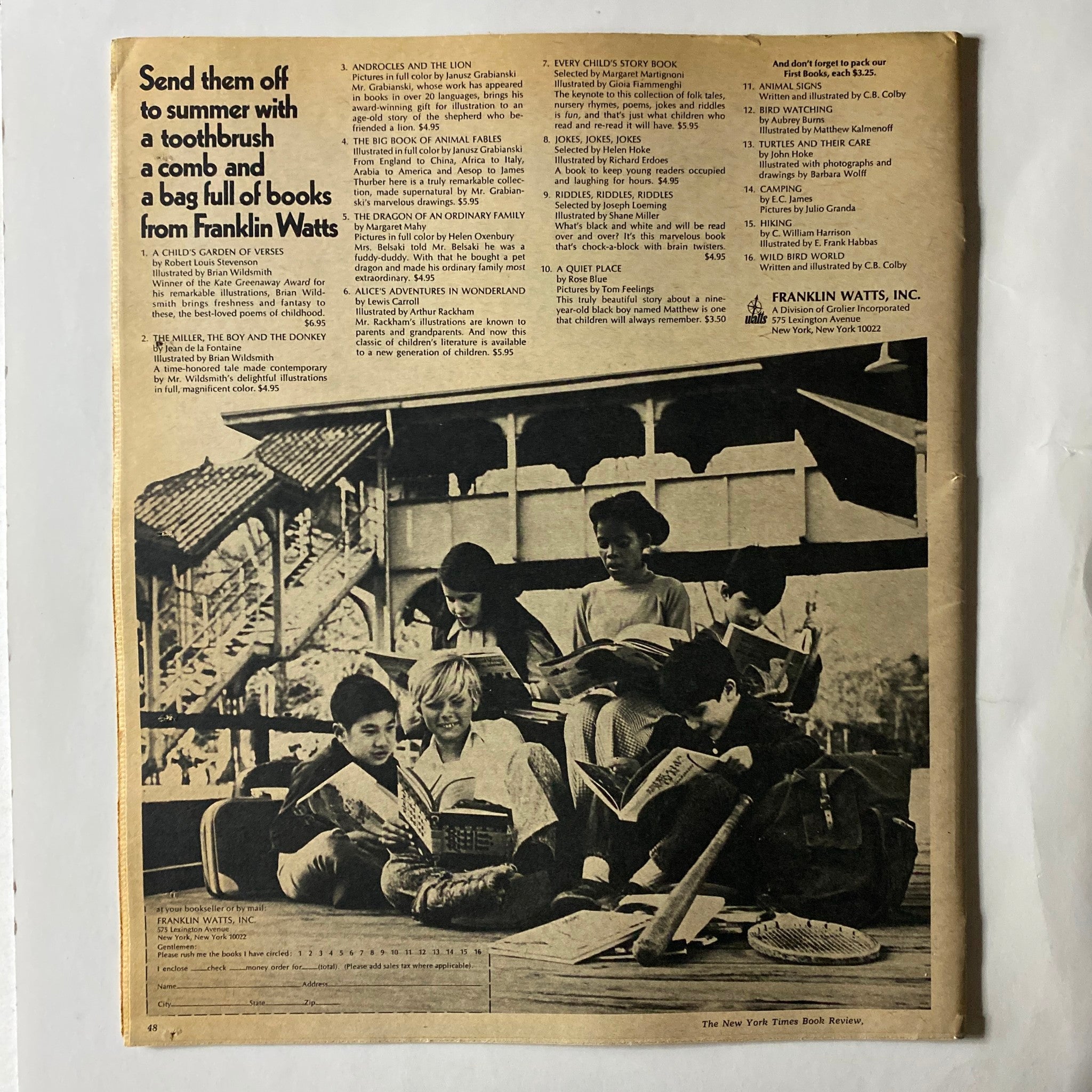 The New York Times Book Review 1970 back cover with a promotional image of children reading together, promoting children's books, underscoring the magazine's focus on literature for young readers.