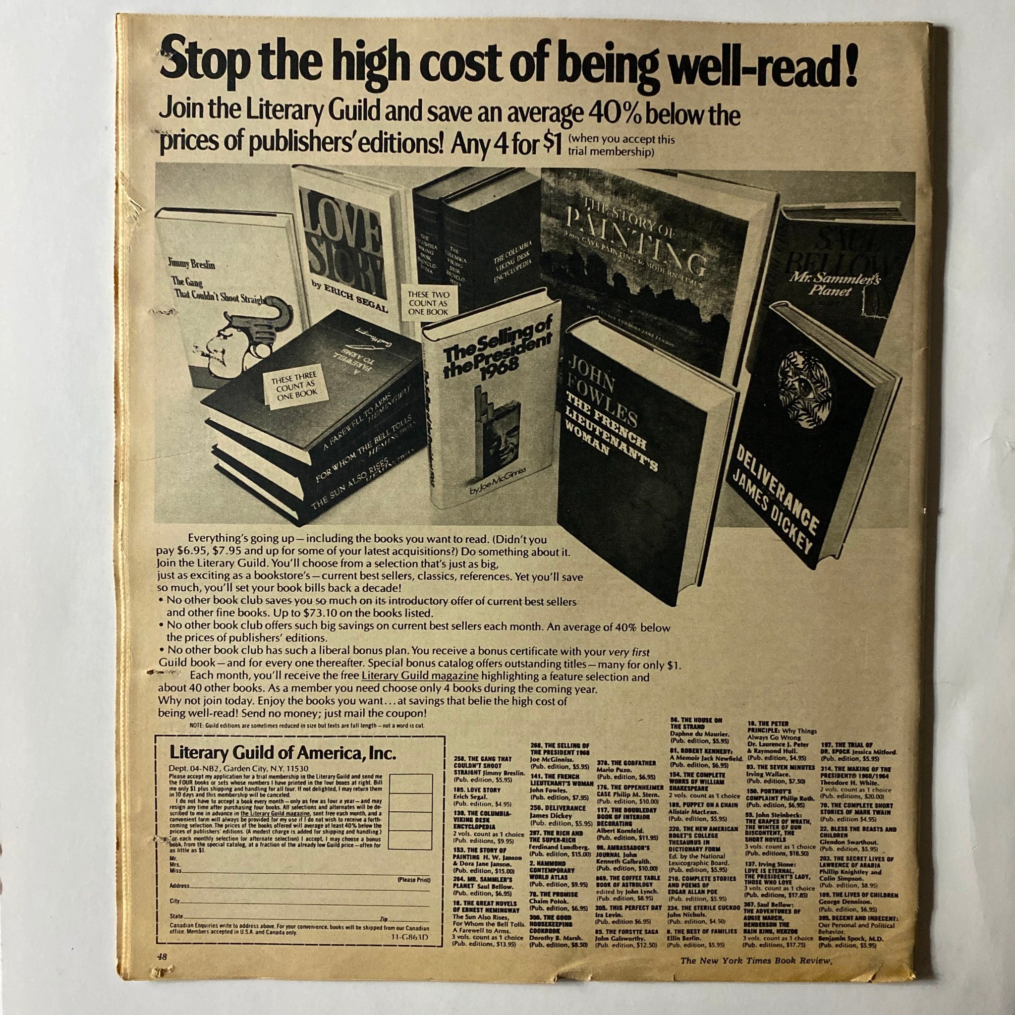 A vintage advertisement from The New York Times Book Review 1970 promoting the Literary Guild, featuring a collection of books and highlighting the high cost of being well-read.