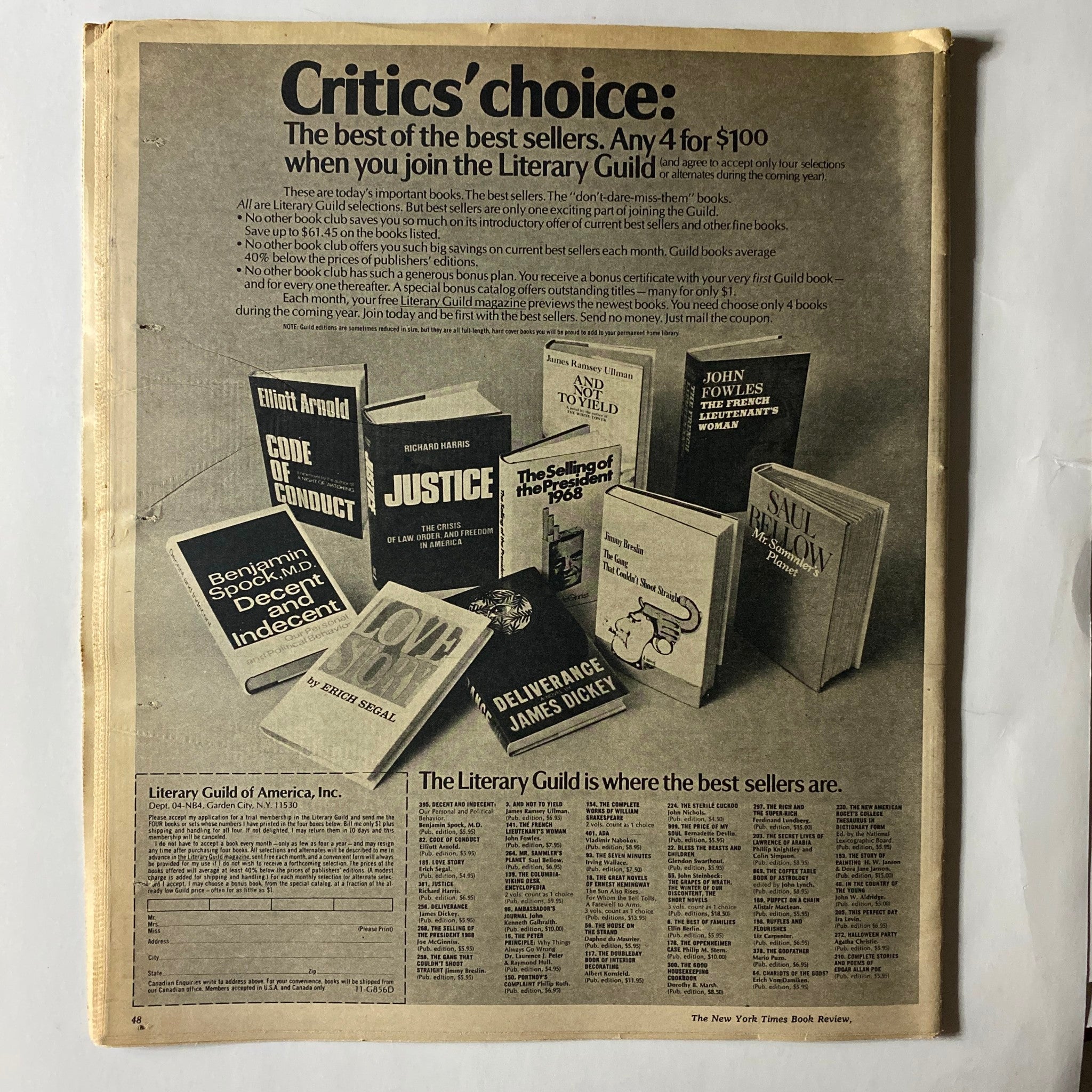 The New York Times Book Review 1970 Hard Times Oral History, showcasing a vintage advertisement for the Literary Guild with notable book titles from the era.