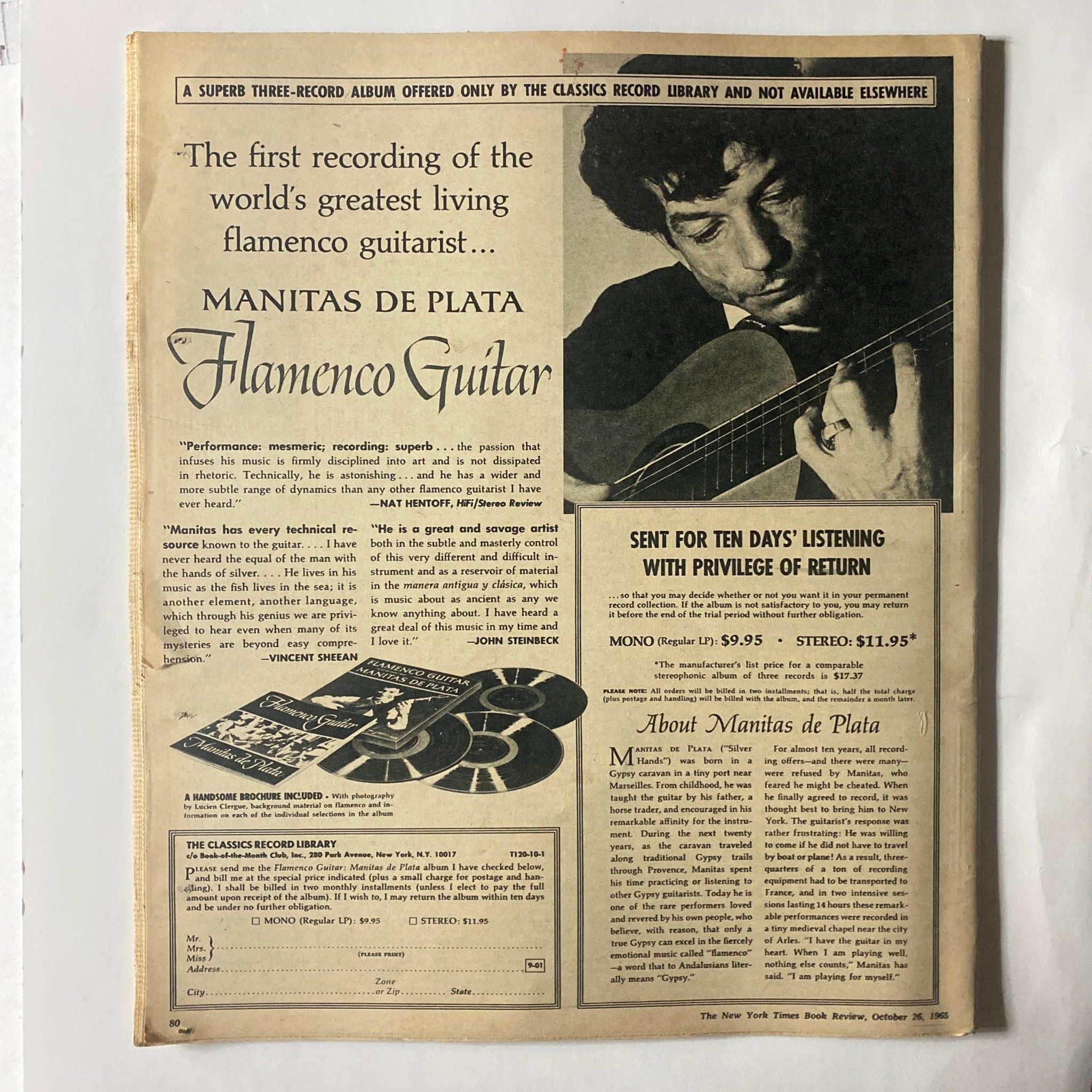 The New York Times Book Review October 26 1969 displaying an advertisement for 'Manitas de Plata Flamenco Guitar' featuring a guitarist and promotional text highlighting the album's qualities.