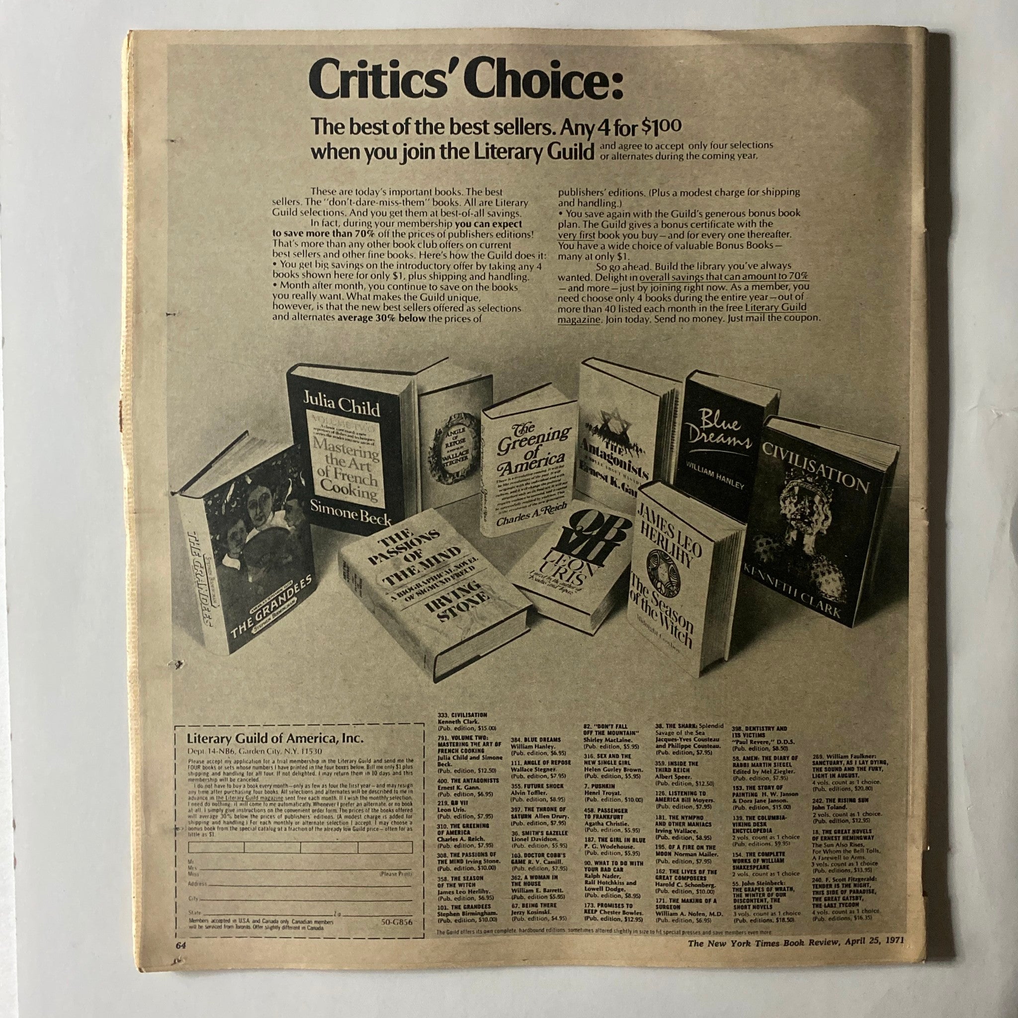 The New York Times Book Review, April 25, 1971, displaying a section titled 'Critics' Choice,' featuring popular books available through the Literary Guild.