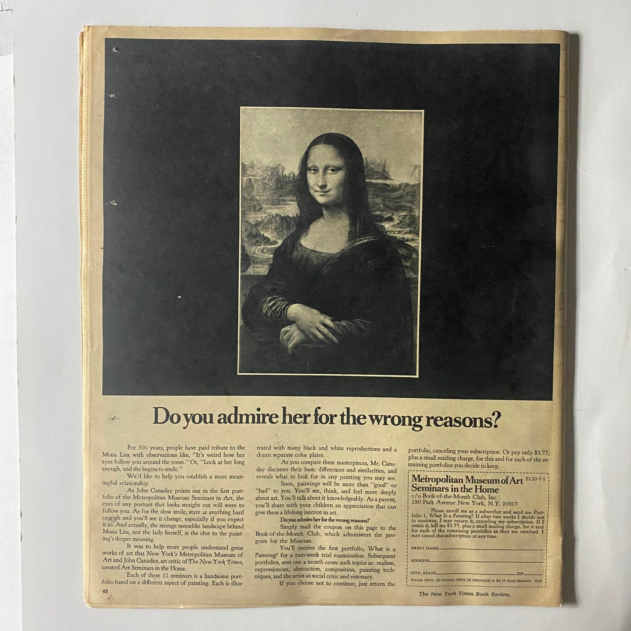 The New York Times Book Review 1970 with a focus on the Mona Lisa, discussing art appreciation and critiques in a vintage magazine format.