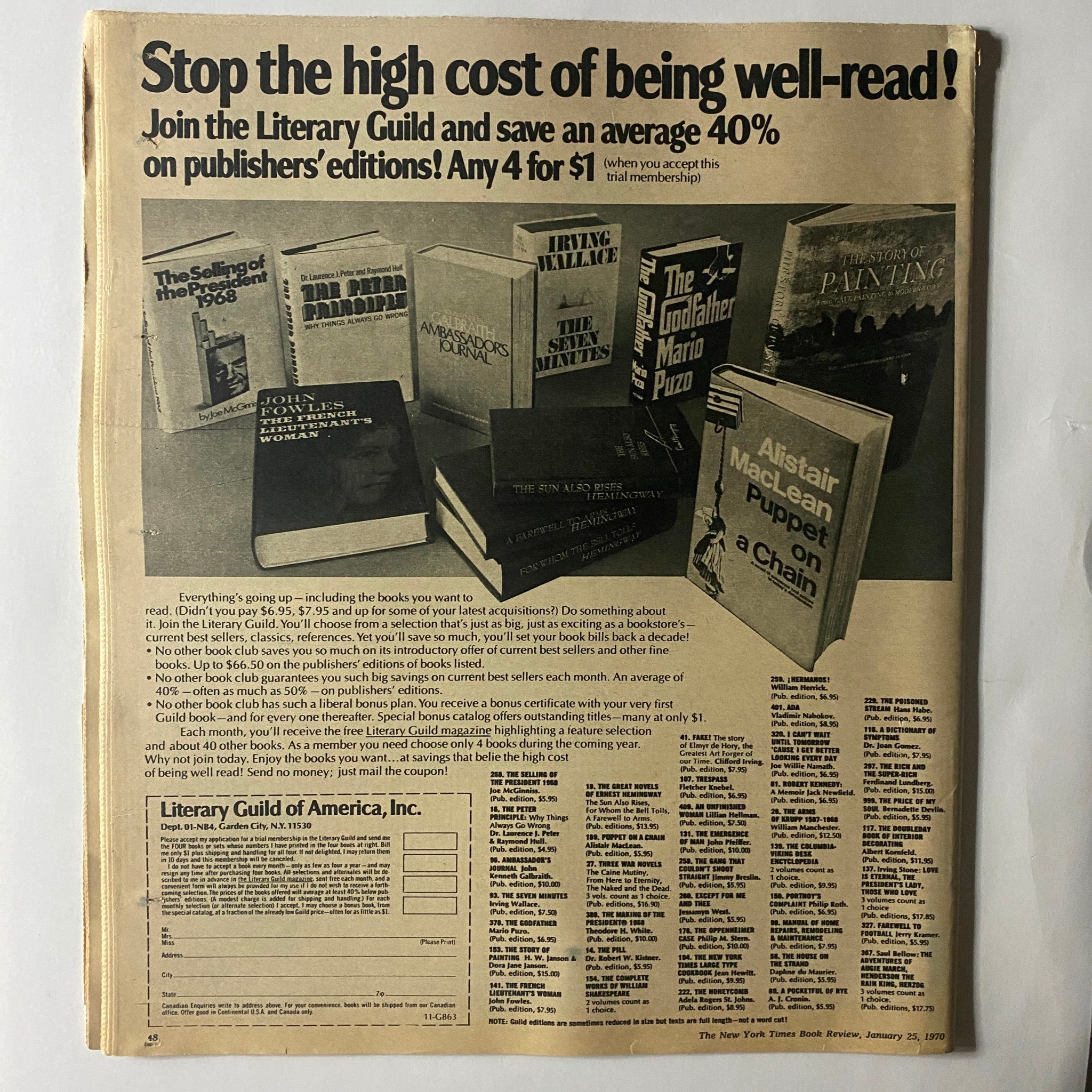 Advertisement from The New York Times Book Review promoting the Literary Guild of America, encouraging readers to save on publishers' editions. This page is part of the January 25, 1970 issue.
