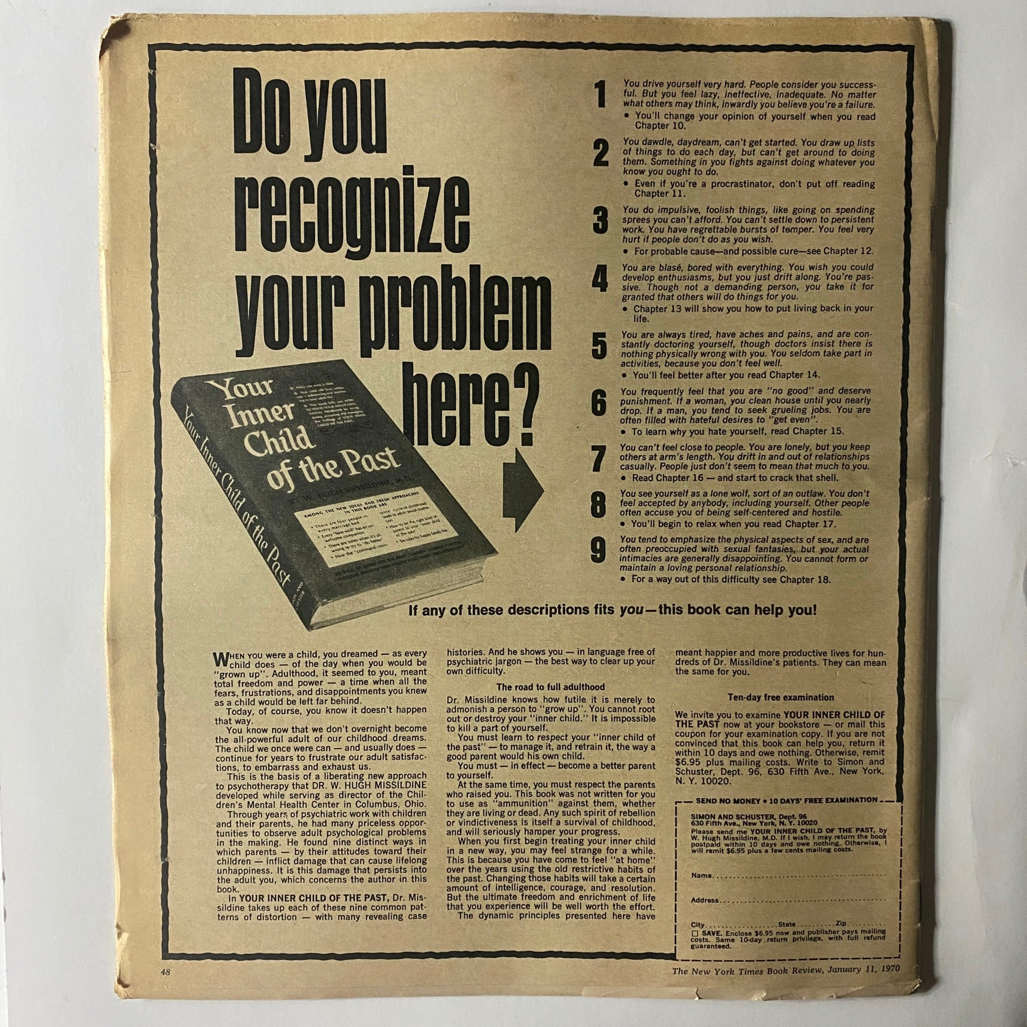 Back cover of The New York Times Book Review January 11, 1970, displaying an advertisement for the book 'Your Inner Child of the Past' with a list of common psychological issues and a call to action for readers.