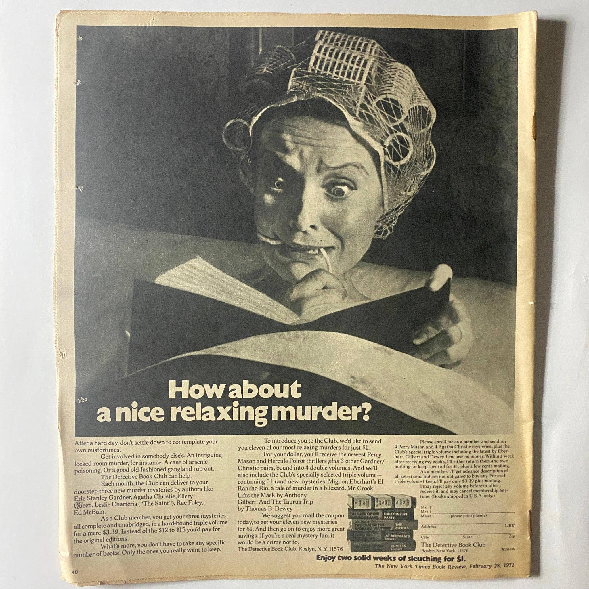 The New York Times Book Review February 28 1971 advertisement for The Detective Book Club, featuring an intrigued woman reading a mystery novel.