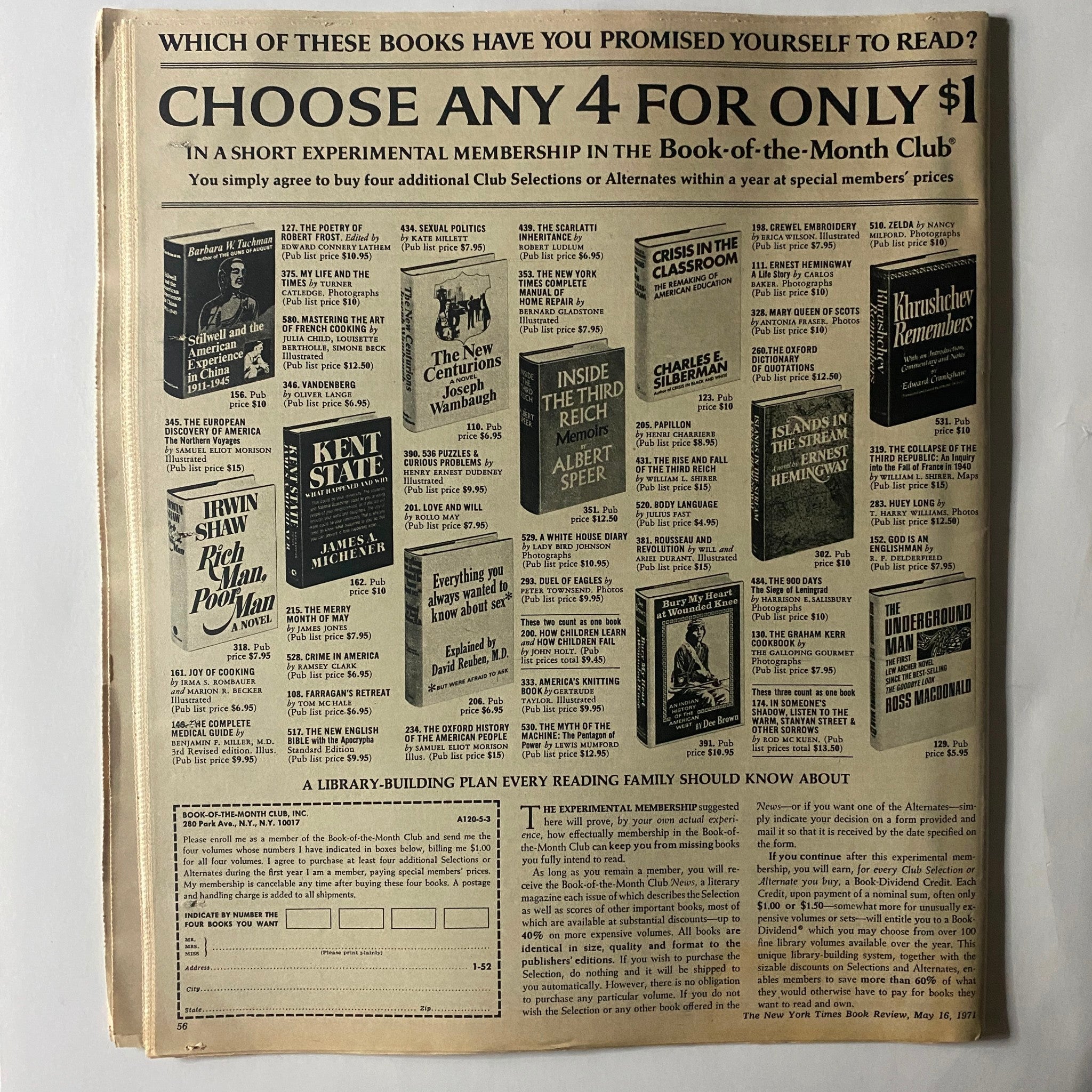 The New York Times Book Review May 16 1971 advertisement for Book-of-the-Month Club featuring various book titles available for selection.