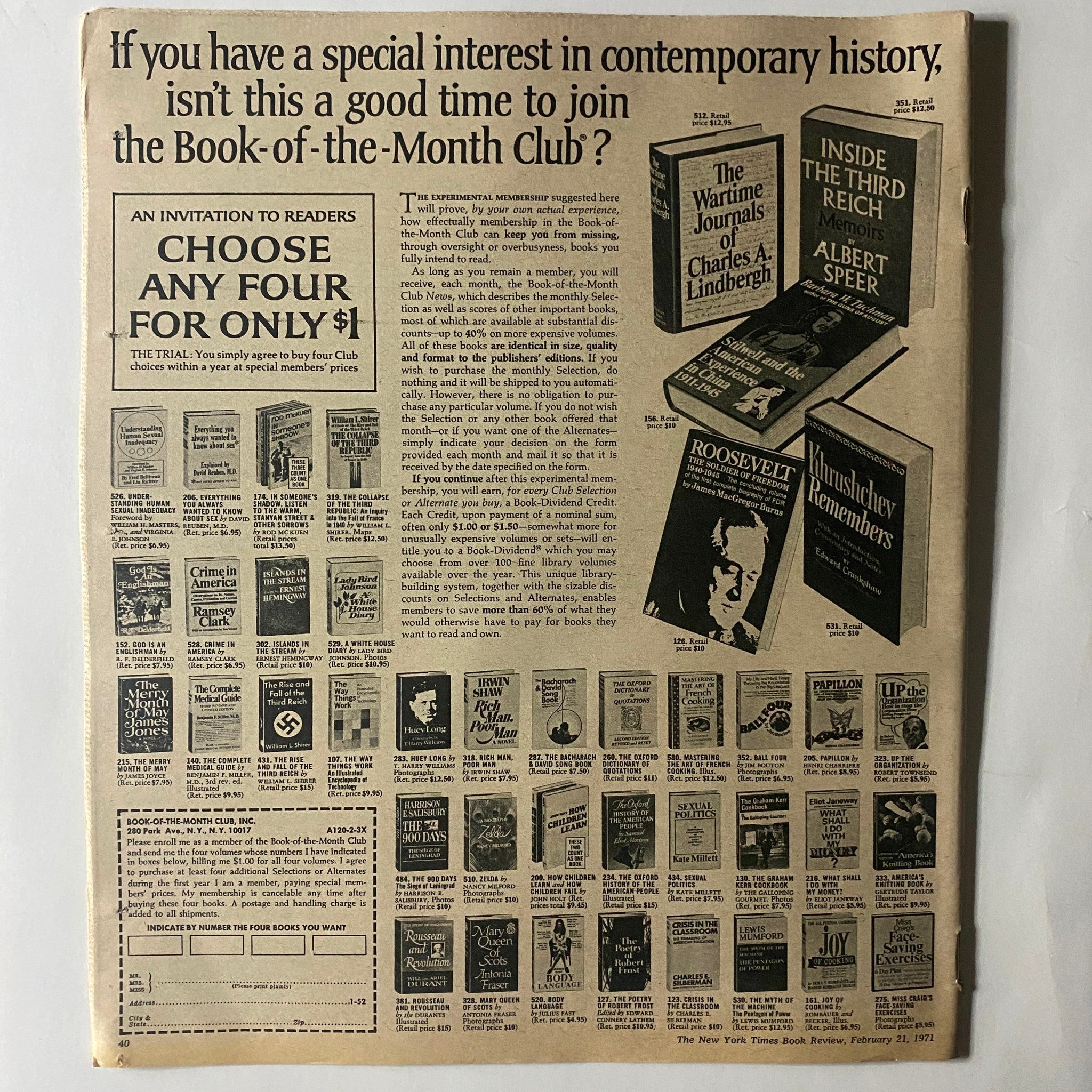 The back cover of The New York Times Book Review February 21, 1971, featuring advertisements for contemporary books and a promotional offer for the Book-of-the-Month Club.