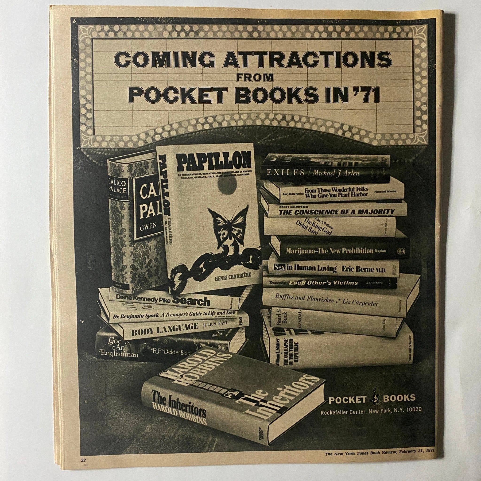 The New York Times Book Review February 21 1971 page highlighting 'Coming Attractions from Pocket Books in '71', displaying a stack of book covers relevant to that era.