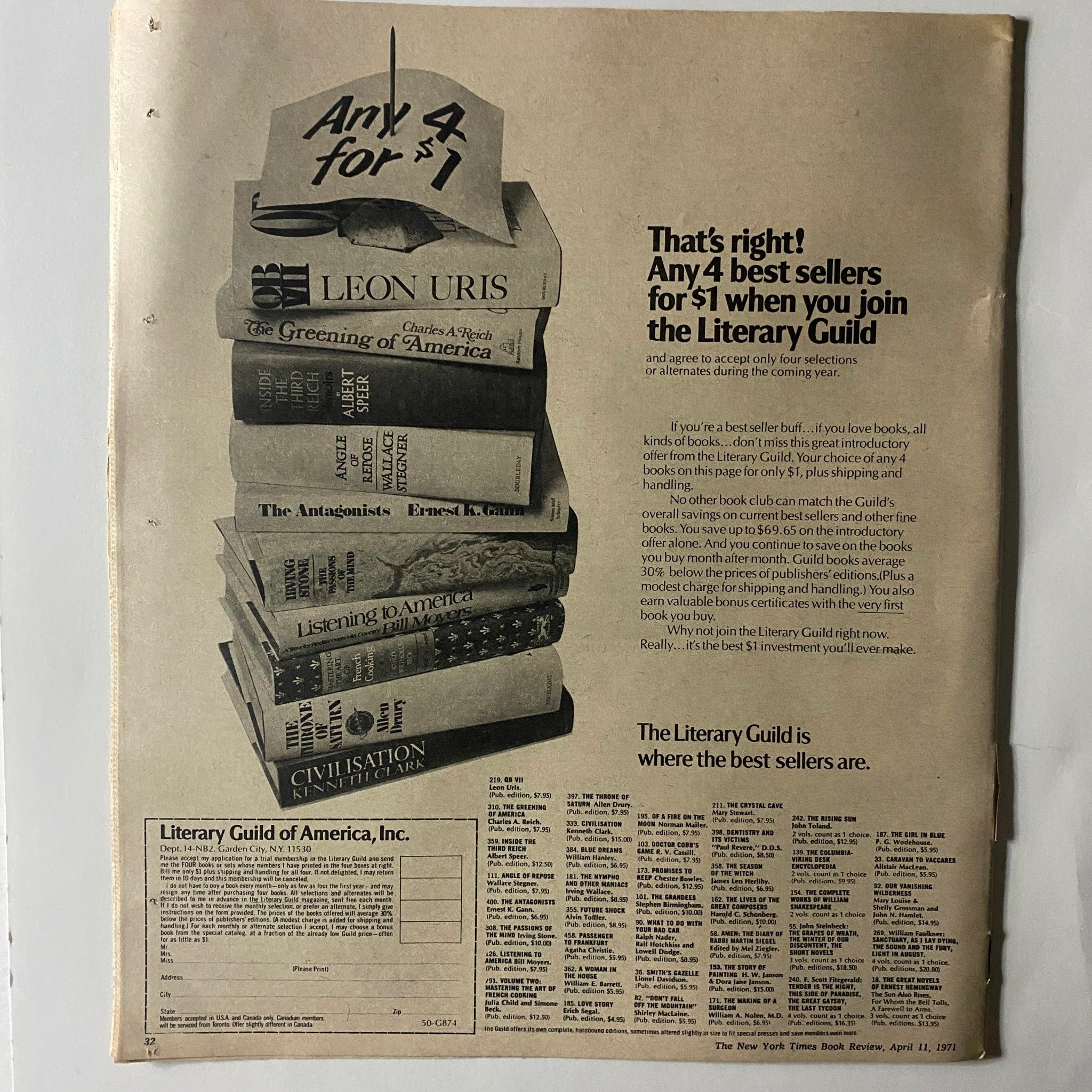 The New York Times Book Review April 11, 1971 advertisement for the Literary Guild, offering best sellers for $1.