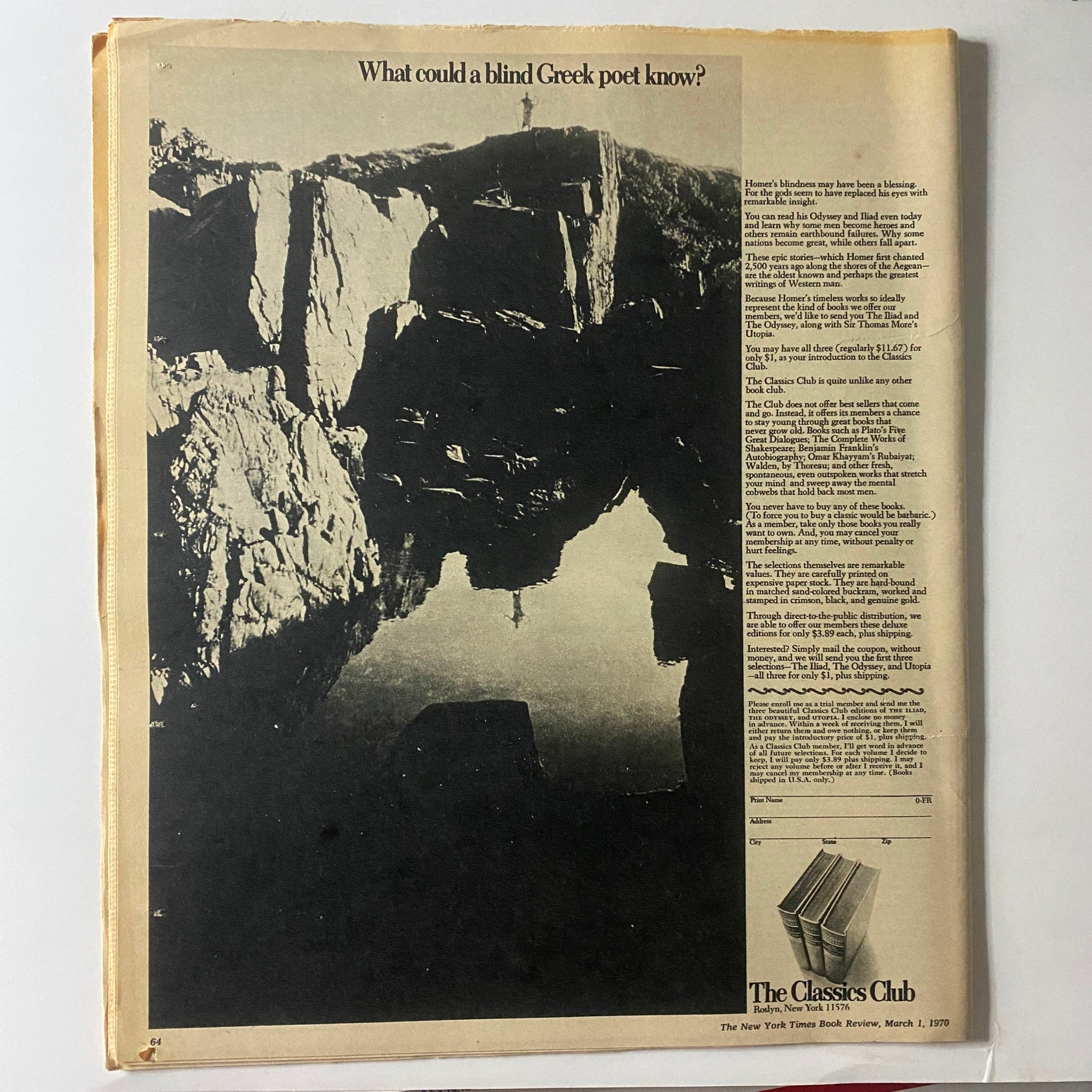 Back cover of The New York Times Book Review, March 1, 1970, featuring an artistic black and white photograph with text questioning the knowledge of a blind Greek poet.