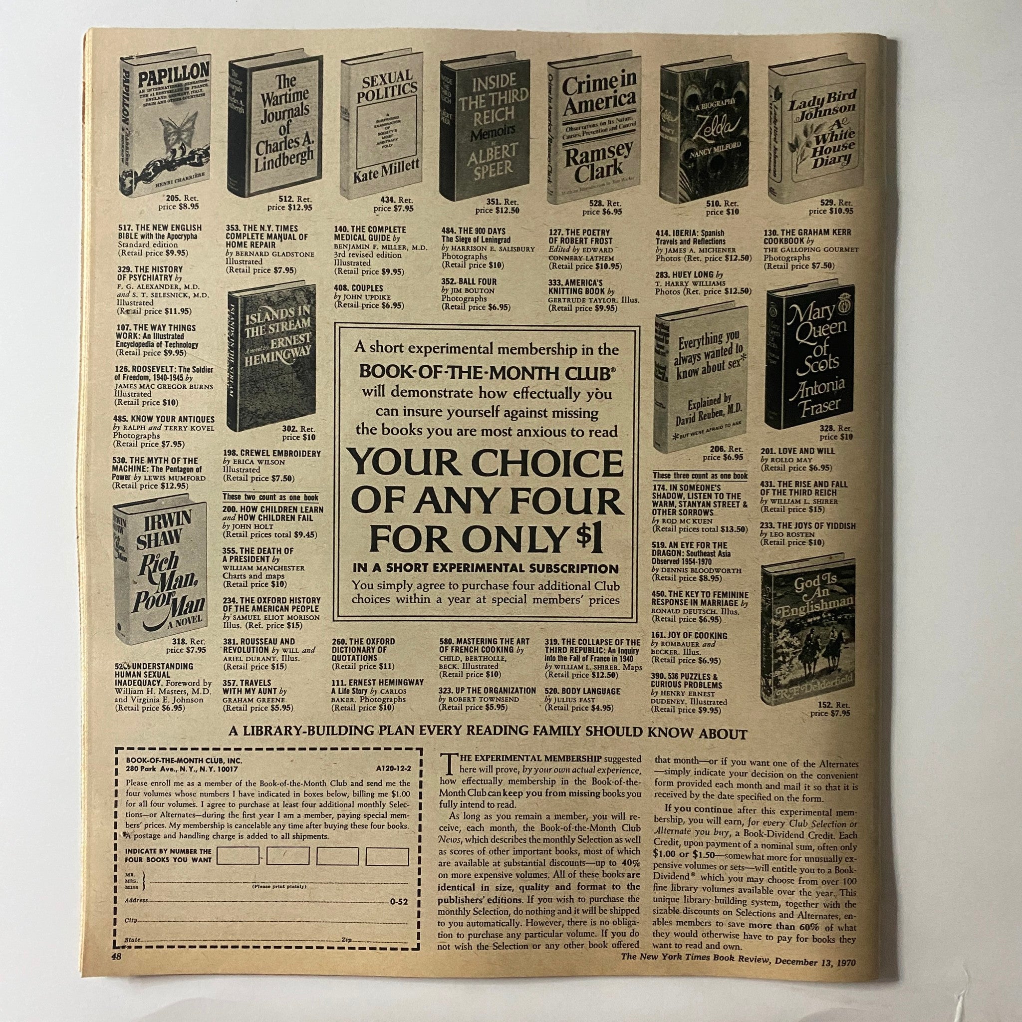 Back page of The New York Times Book Review from December 13, 1970, highlighting various book advertisements and a subscription offer for the Book-of-the-Month Club.