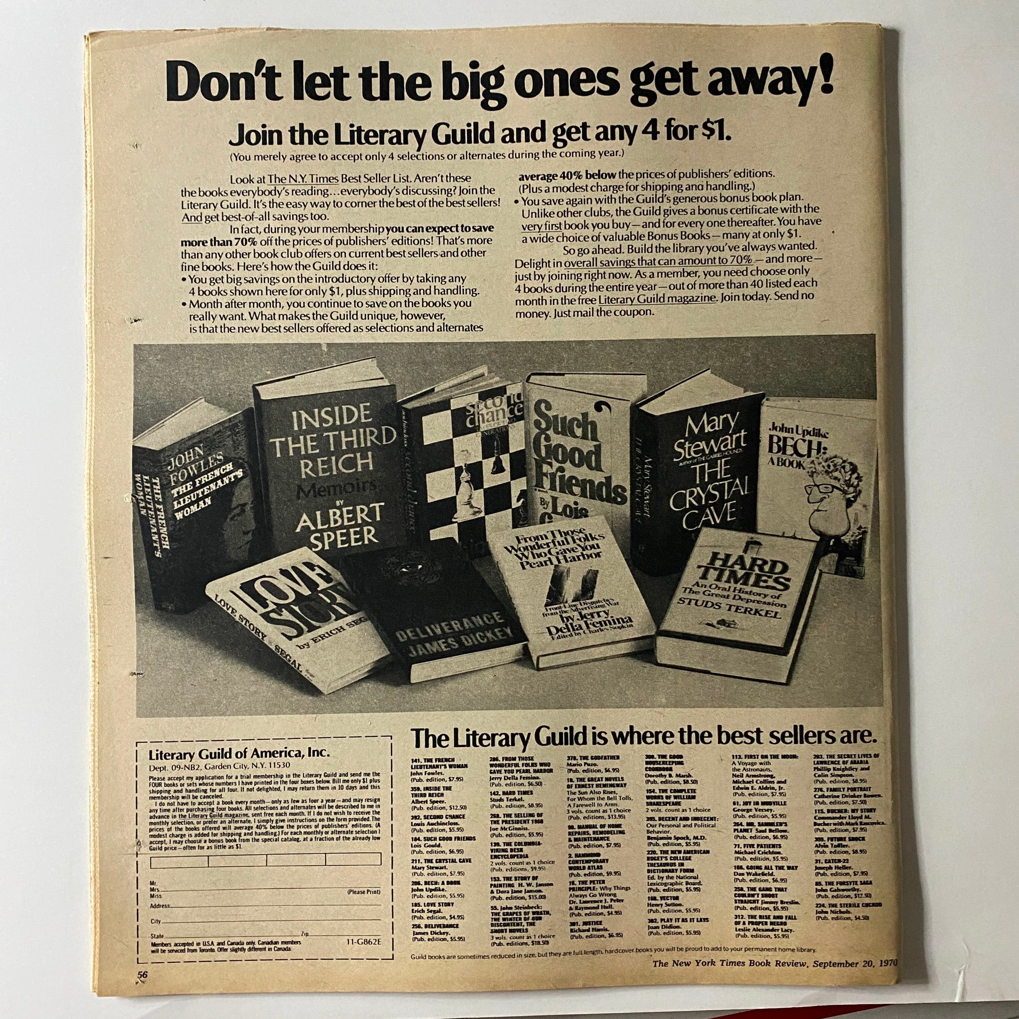 The New York Times Book Review September 20 1970 featuring an advertisement for the Literary Guild, showcasing various book titles available for selection.