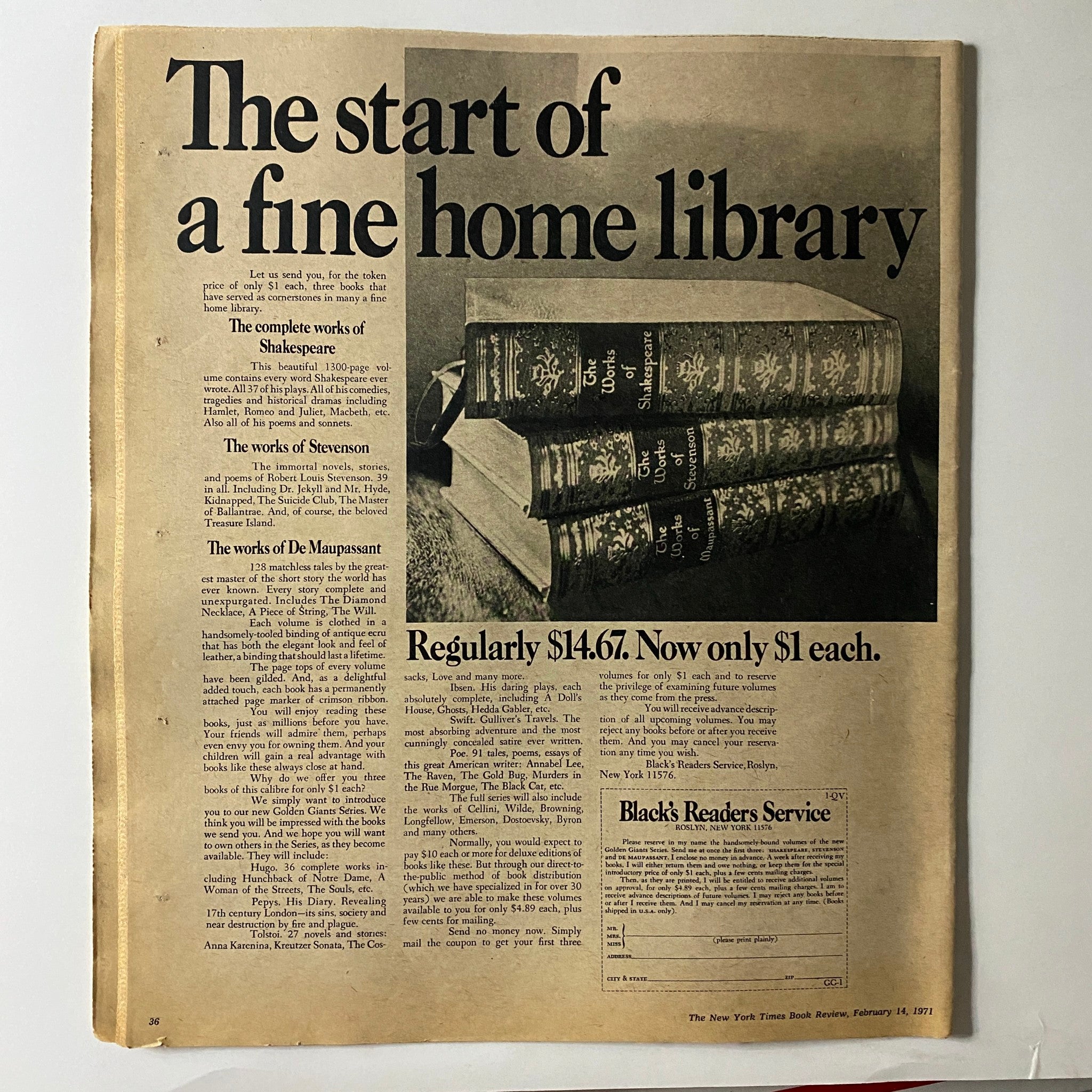 The New York Times Book Review February 14 1971, highlighting a feature on building a fine home library, complemented by images of classic books. A collectible piece of literary history.