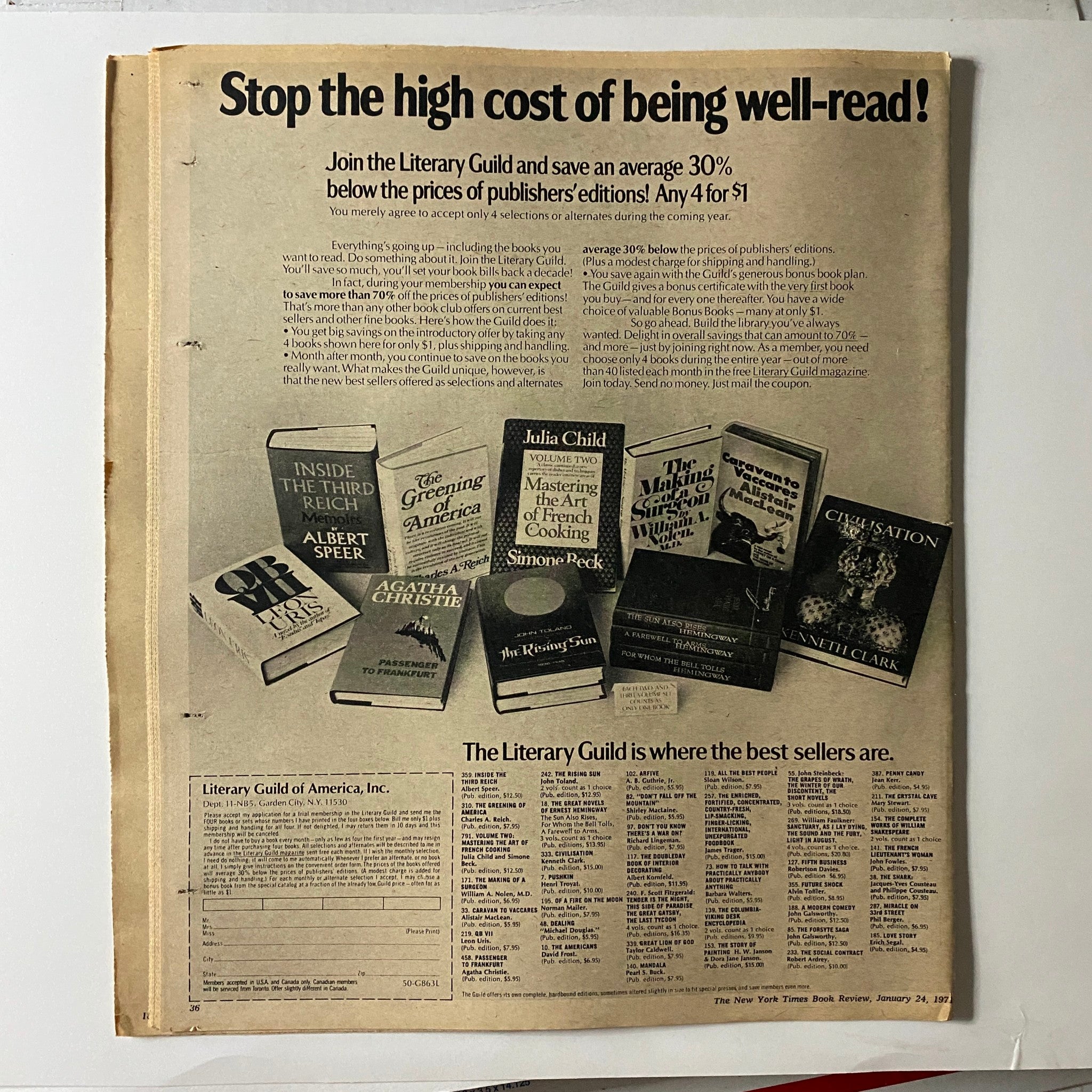 Advertisement page from The New York Times Book Review January 24, 1971, promoting the Literary Guild and book selections available to readers.