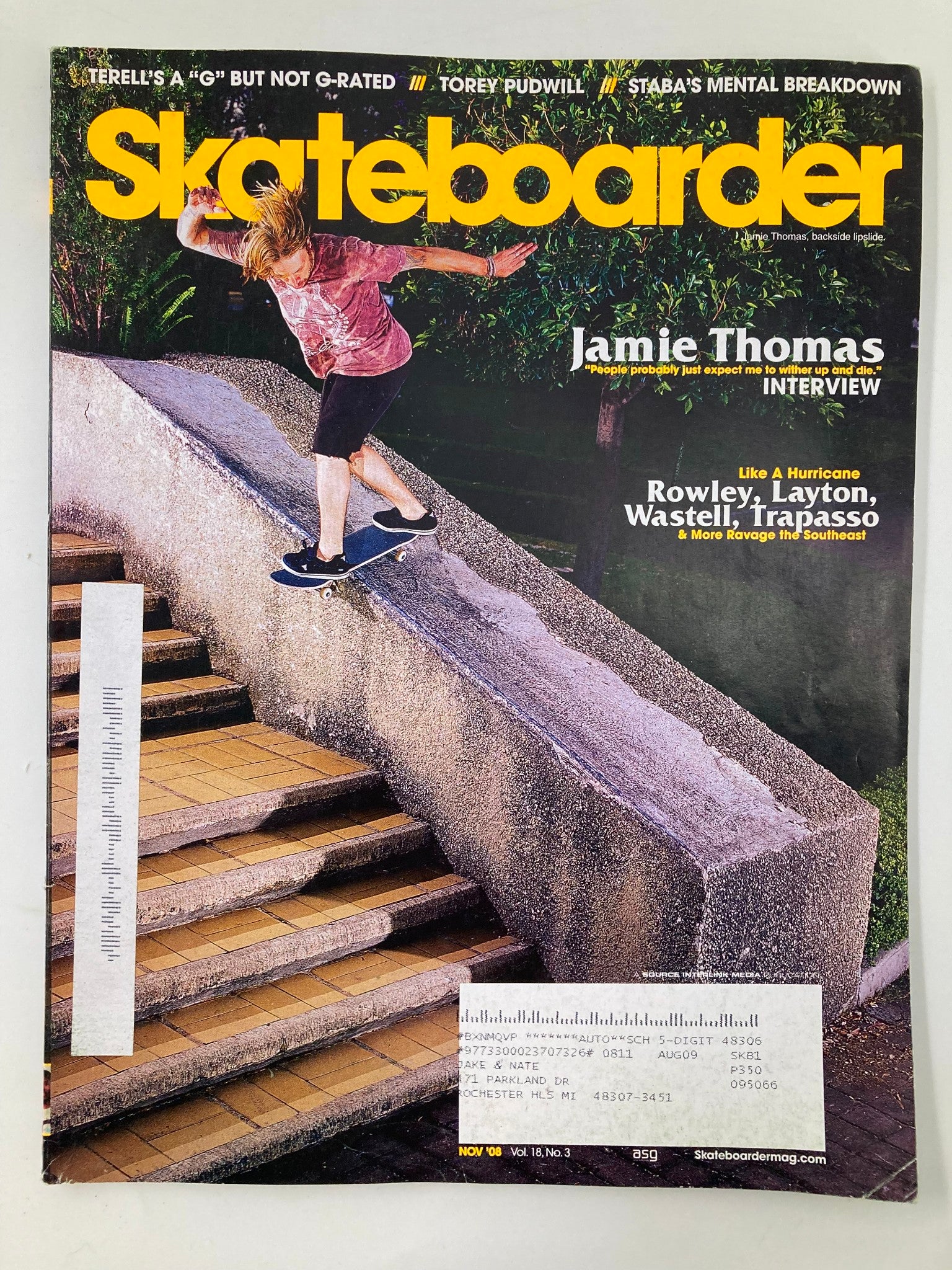 Skateoarder Magazine November 2008 Vol 18 #3 Jamie Thomas Backside Lipslide