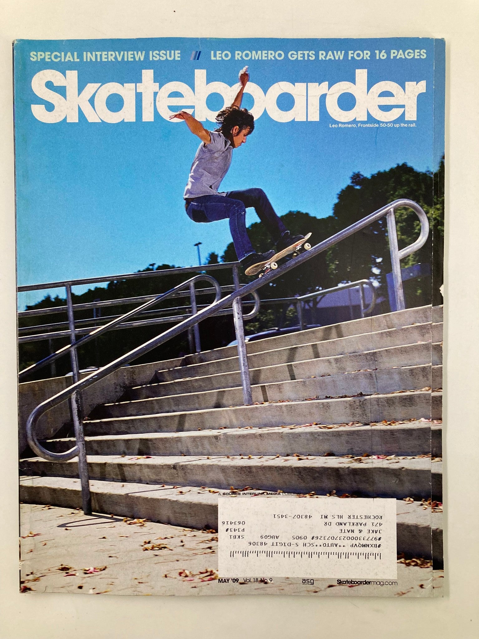 Skateboarder Magazine May 2009 Vol 18 #9 Leo Romero Frontside 50-50 Up The Rail