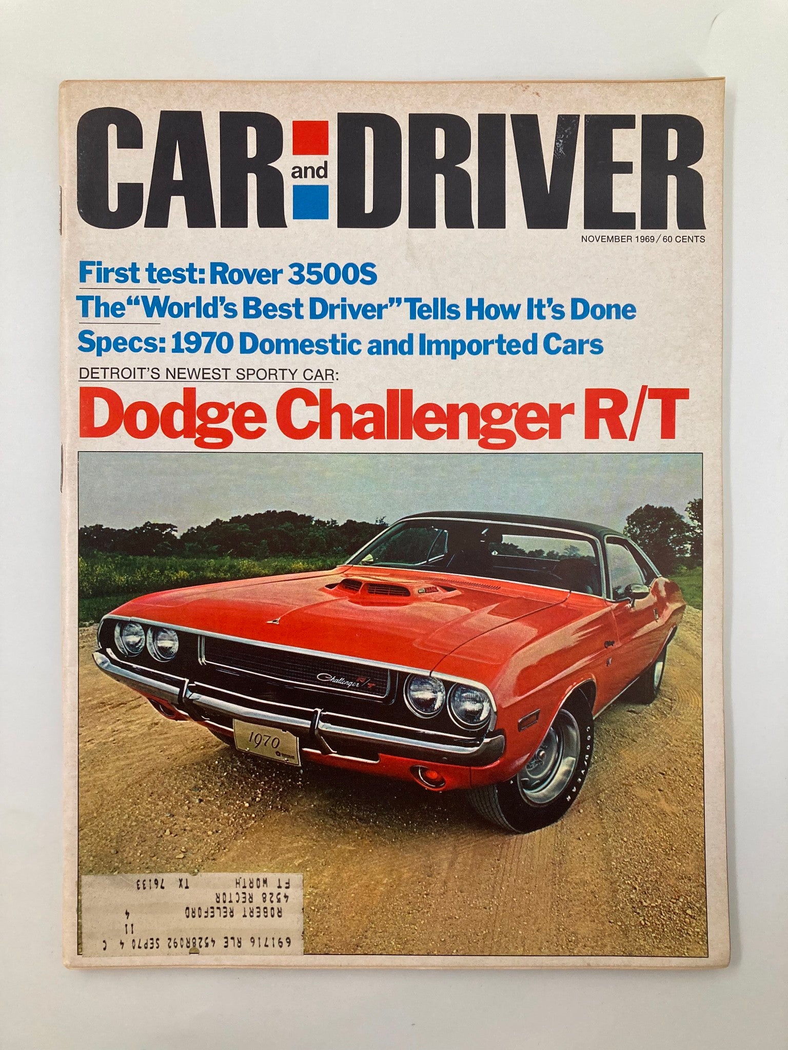 VTG Car and Driver Magazine November 1969 featuring the Dodge Challenger R/T on the cover, showcasing its iconic design and muscle car heritage.