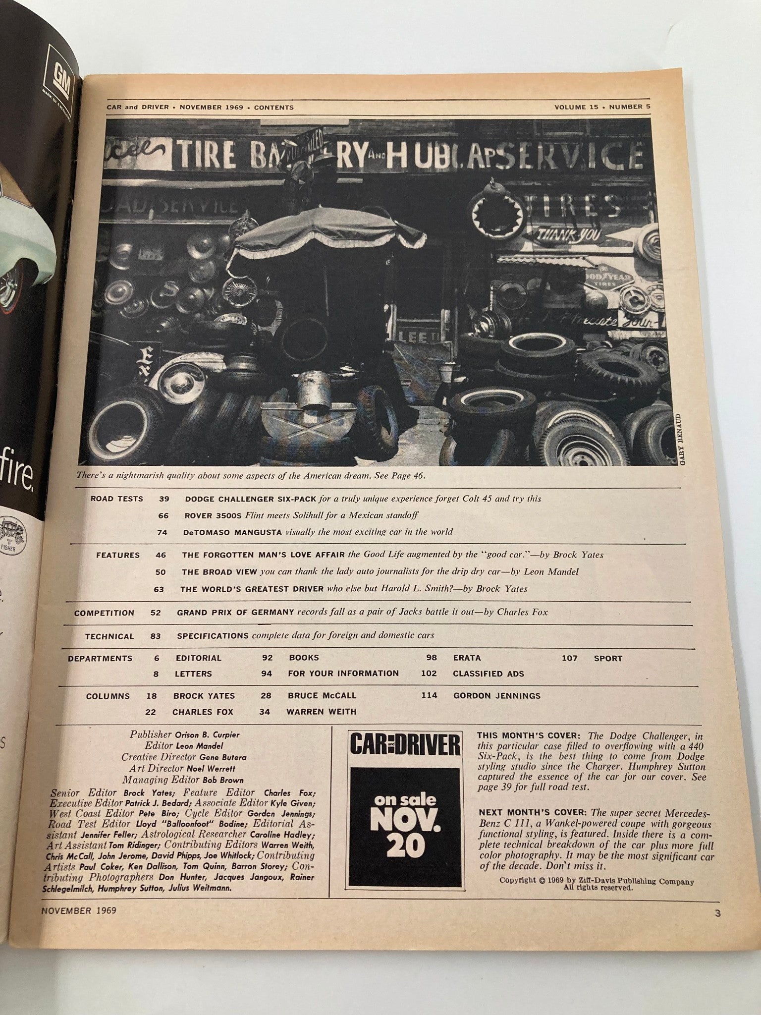 Interior page of VTG Car and Driver Magazine November 1969 displaying the contents, highlighting features and articles about the Dodge Challenger R/T.