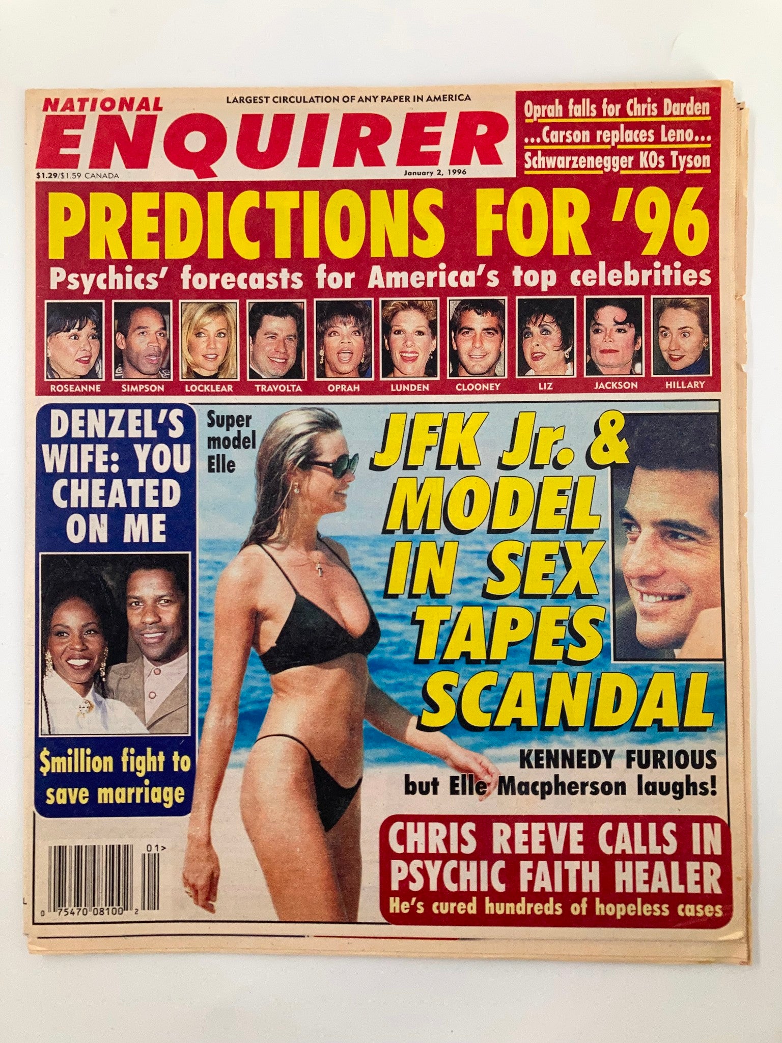 National Enquirer Magazine January 2 1996 JFK Jr., Elle Macpherson No Label