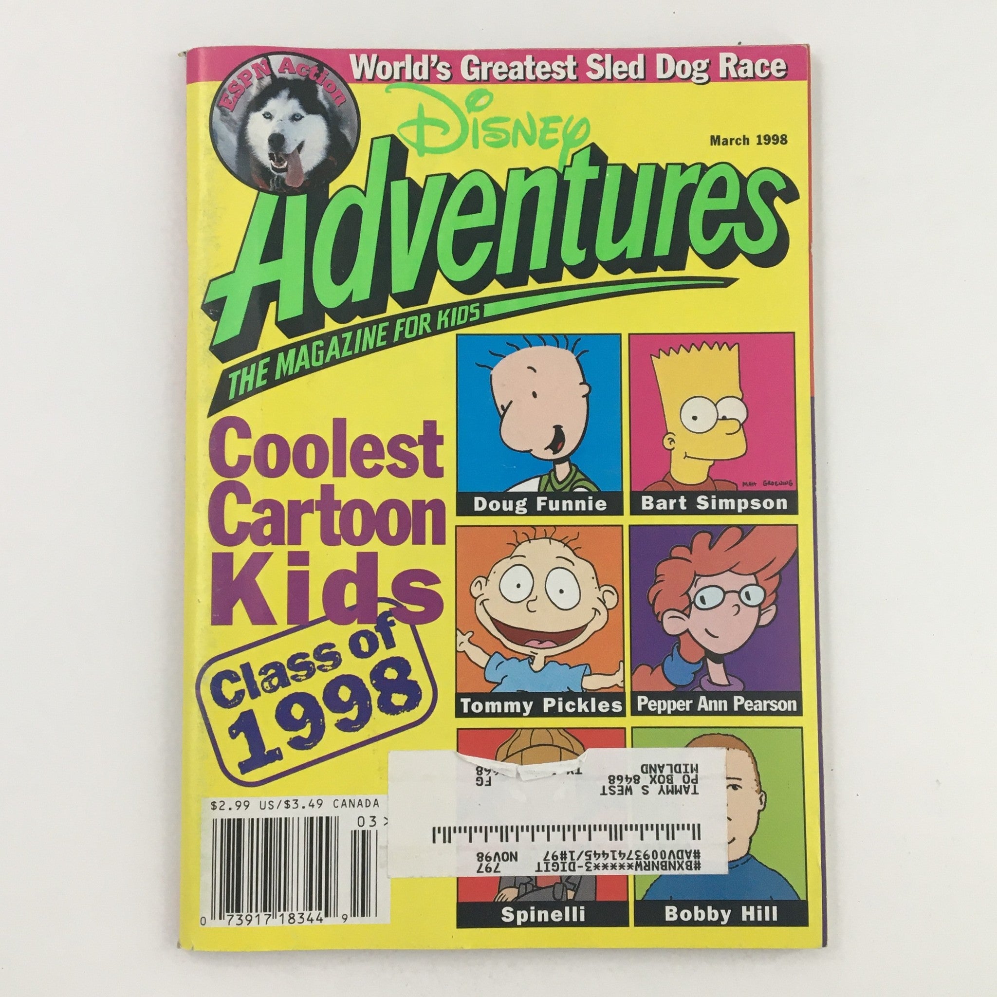 Disney Adventures Magazine March 1998 featuring Coolest Cartoon Kids including Doug Funnie, Spinelli, and more. Vintage magazine cover highlighting popular cartoon characters with colorful backgrounds.