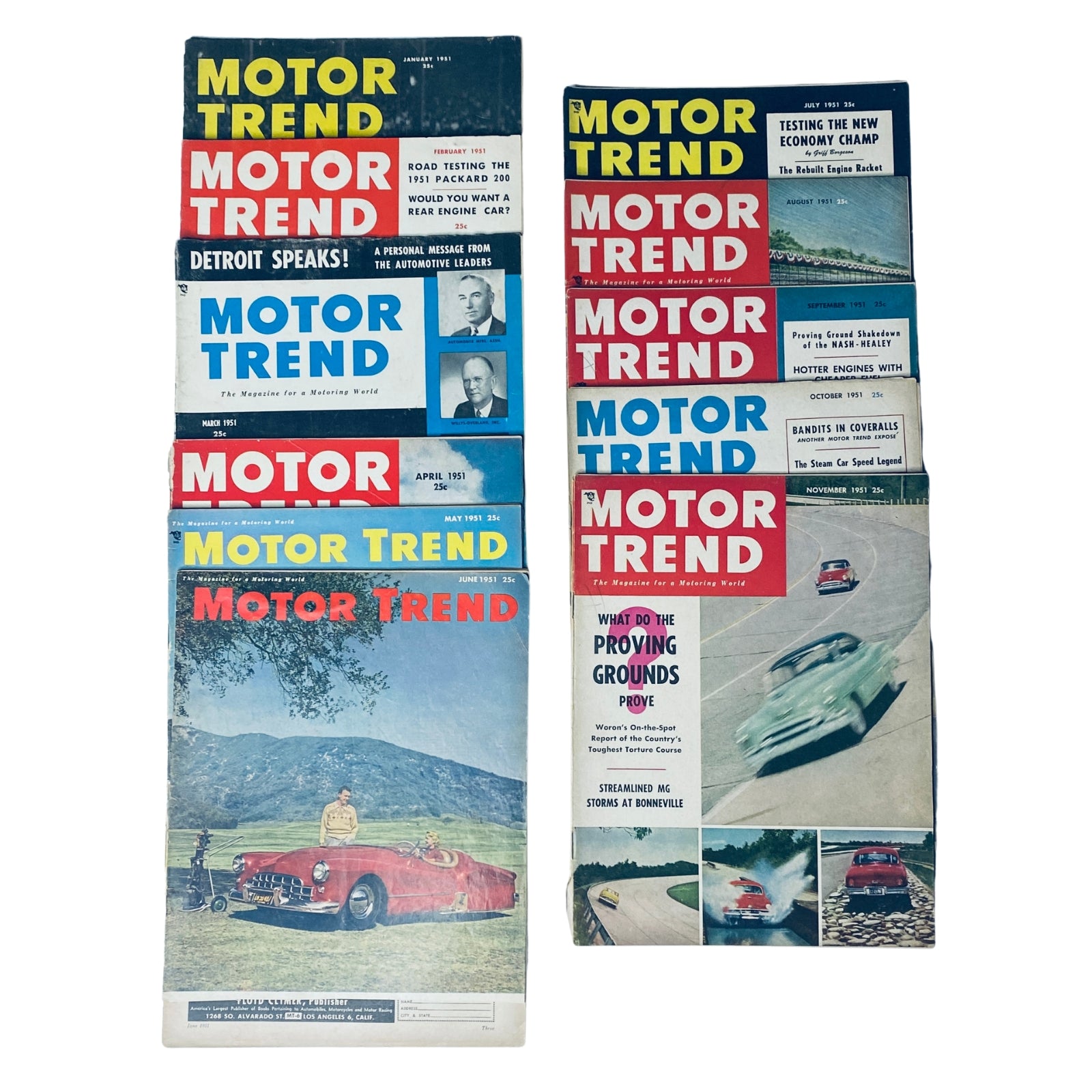 Lot of 11 Motor Trend Magazine 1951 January to November - Cover images of various issues showcasing automotive themes and vintage advertisements.