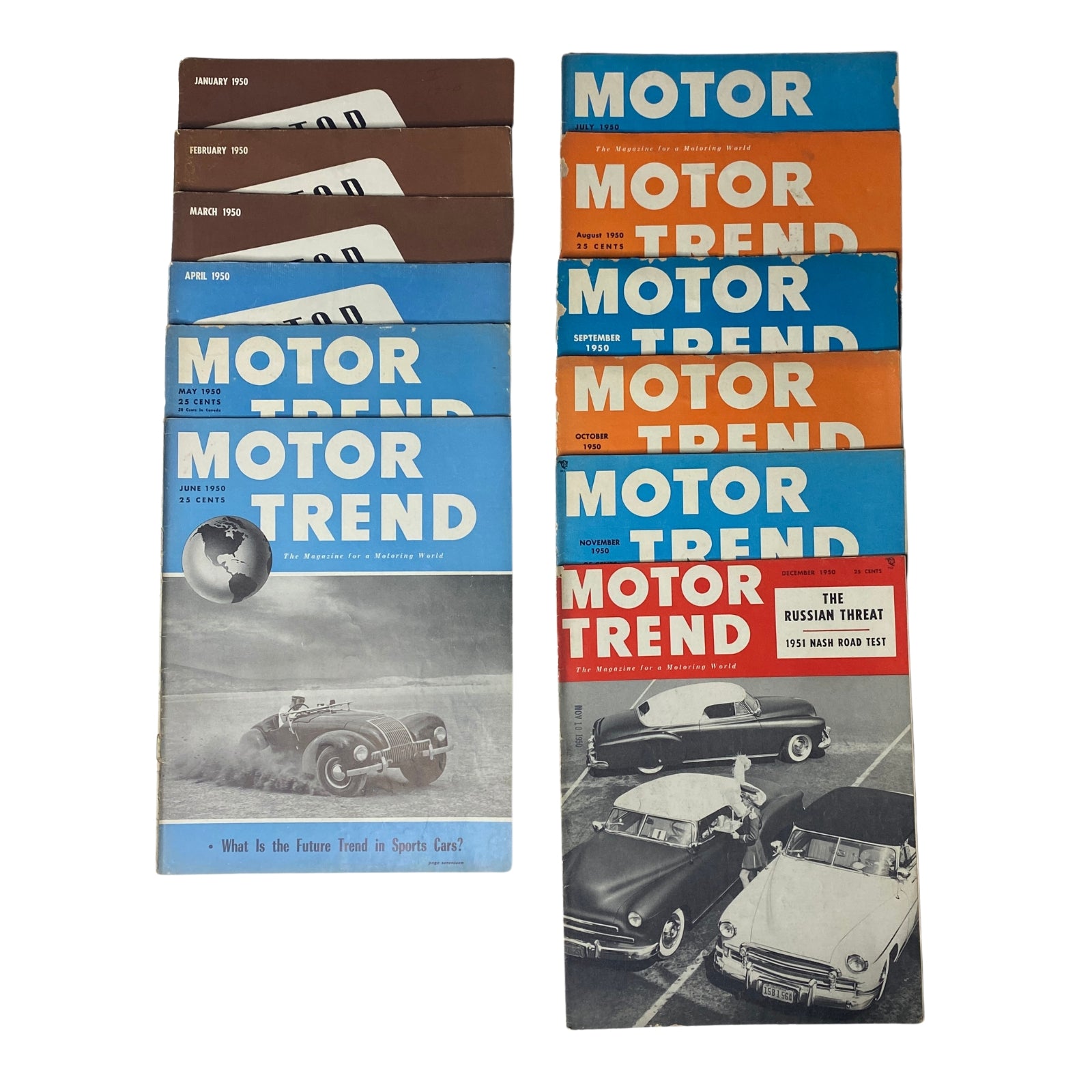 Lot of 12 Motor Trend Magazines 1950 Full Year January - December, showcasing various monthly covers highlighting automotive innovation and culture.