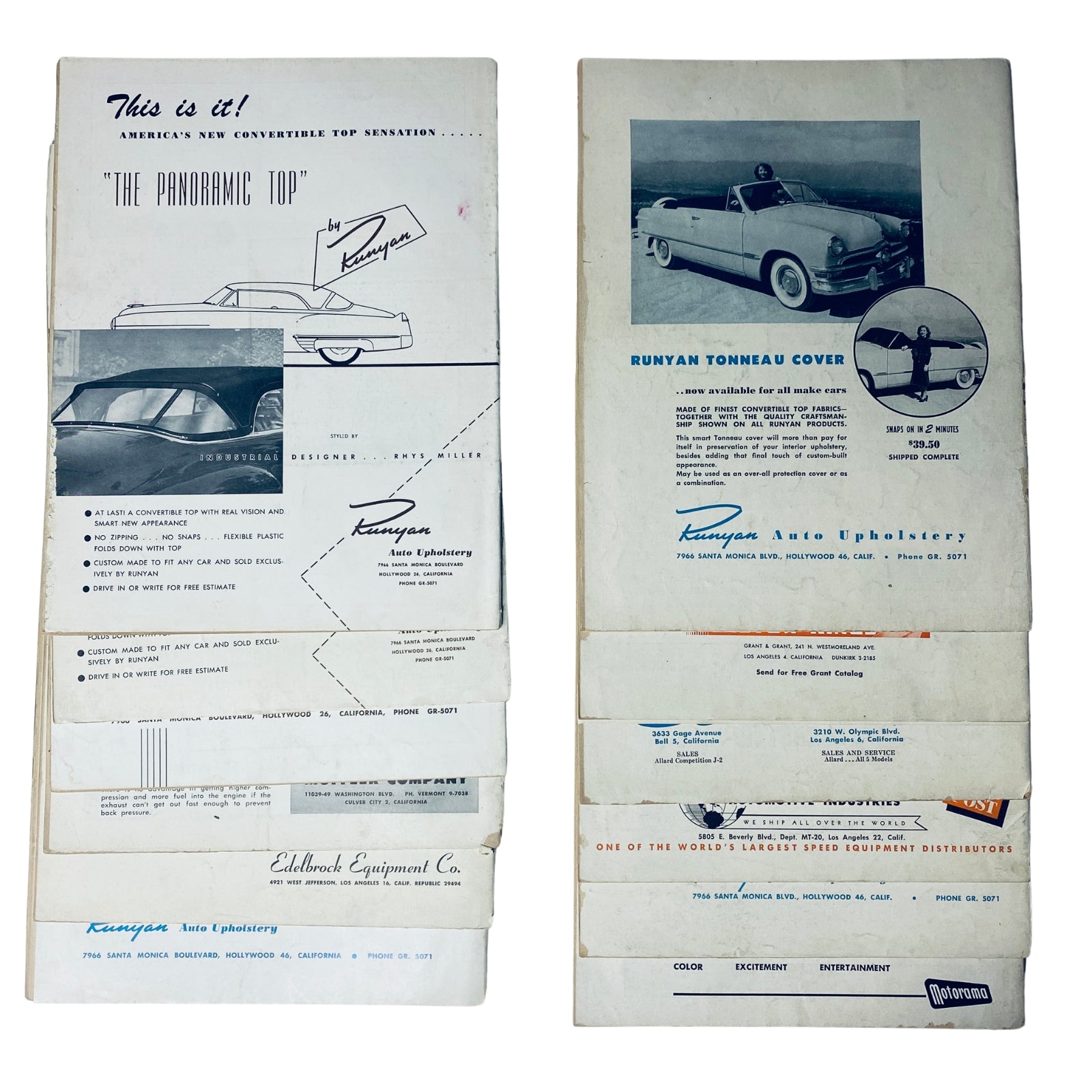 Promotional materials featuring 'The Panoramic Top' convertible, including advertisements and design elements from 1950, related to automotive upholstery and style.