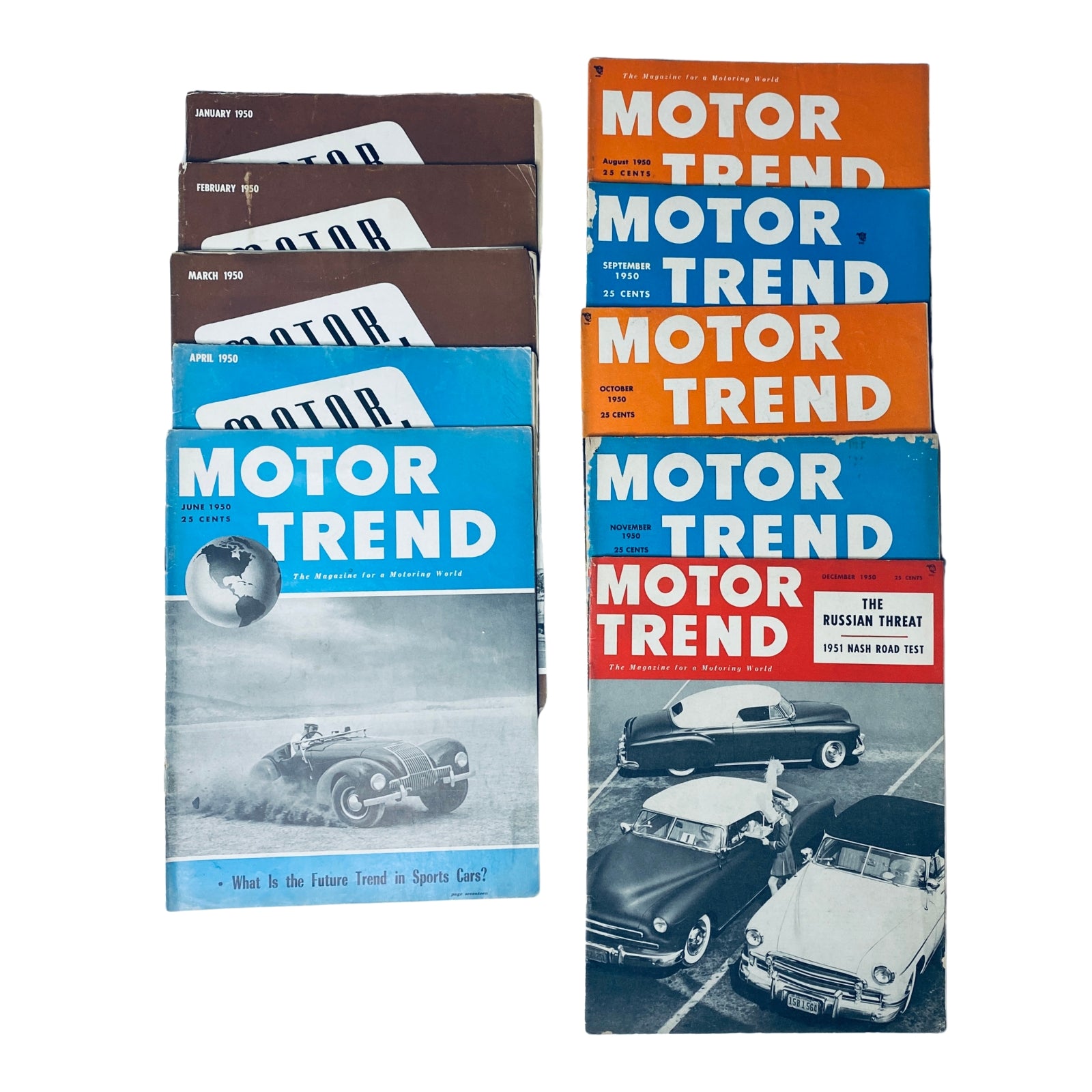 Lot of 10 Motor Trend Magazines from 1950 including January to April, June, August to December, showcasing automotive industry insights and original advertisements.