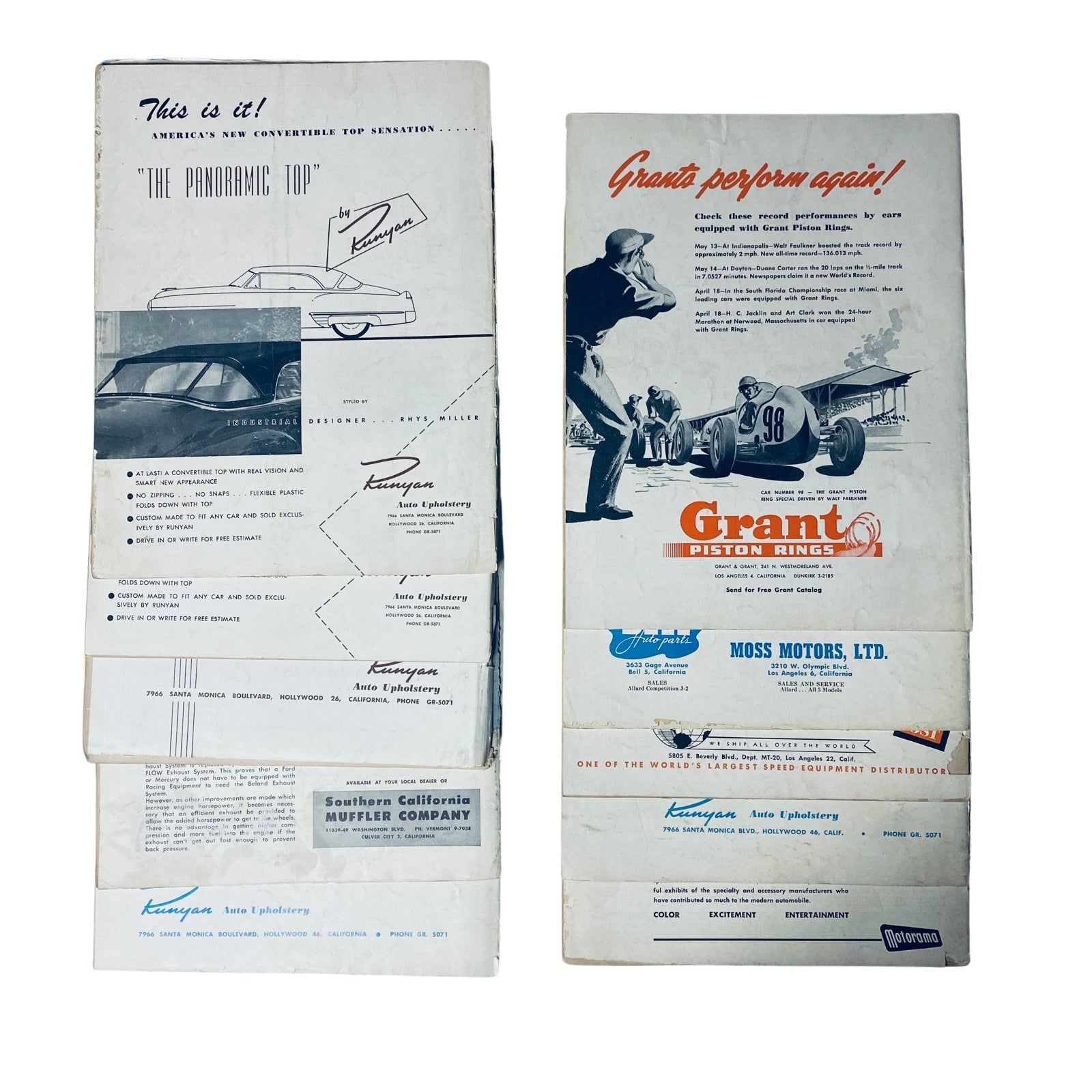 Back covers and advertisements from Motor Trend Magazine, featuring promotional content from the 1950s automotive industry.