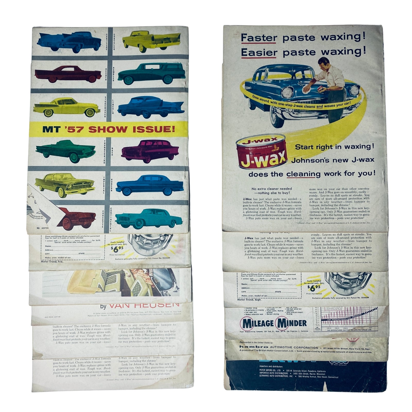 Vintage advertisement showcasing cars from the MT '57 Show Issue, along with promotions for J-Wax and Mileage Minder. Featured in the Lot of 12 Motor Trend Magazine 1957 Full Year January - December.