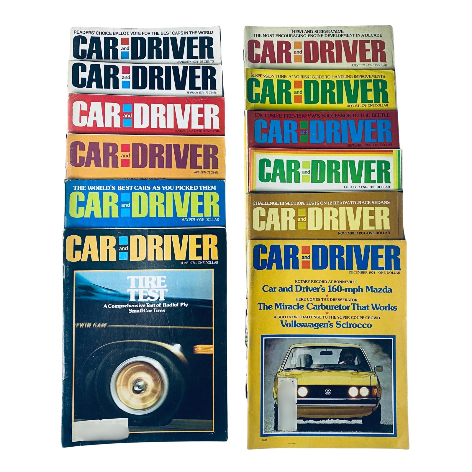 Lot of 12 Car & Driver Magazines from 1974, showcasing a collection of iconic automotive covers featuring various vehicles and automotive themes.