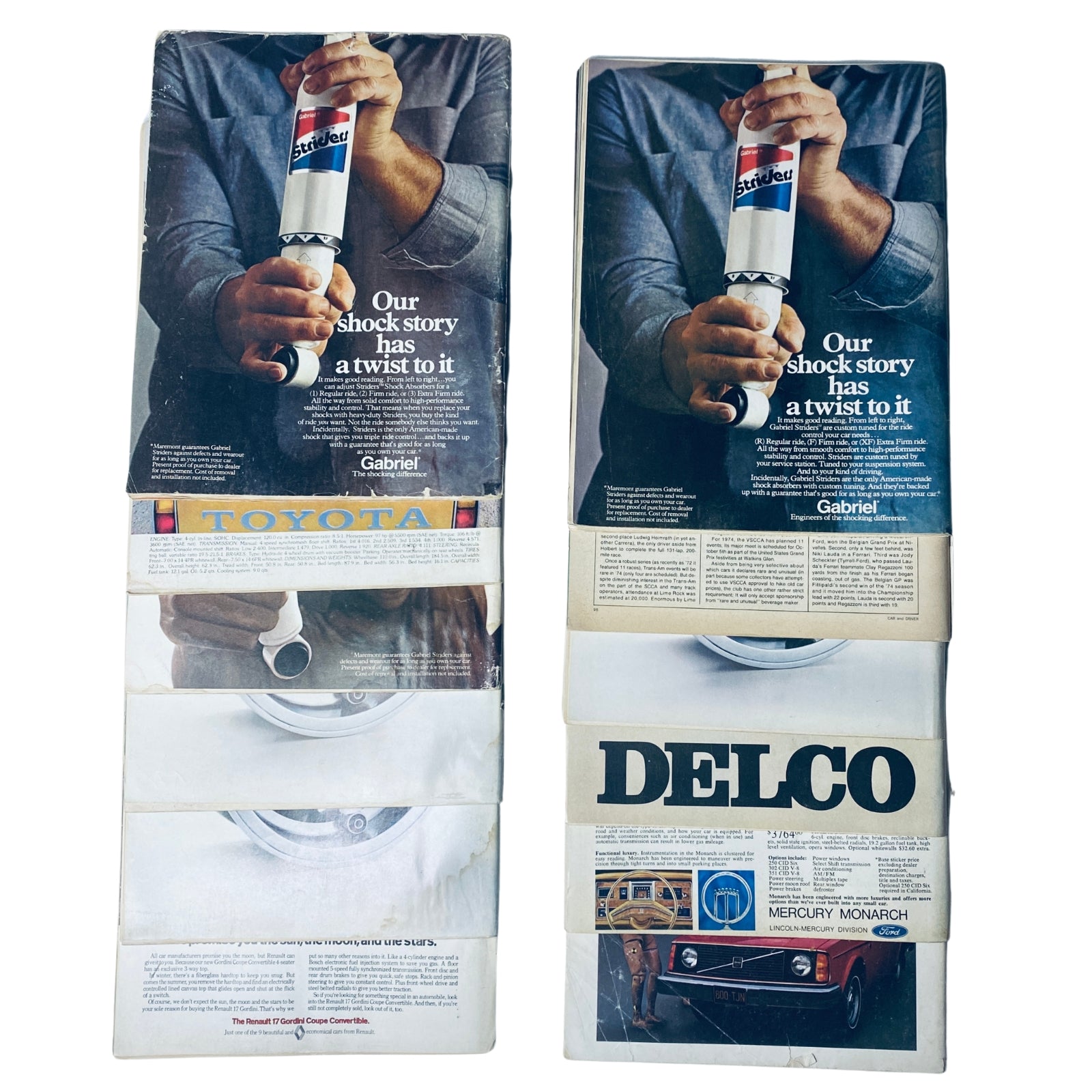 The back covers of 1974 Car & Driver magazines, highlighting advertisements for automotive products and vehicles including Toyota and Delco.