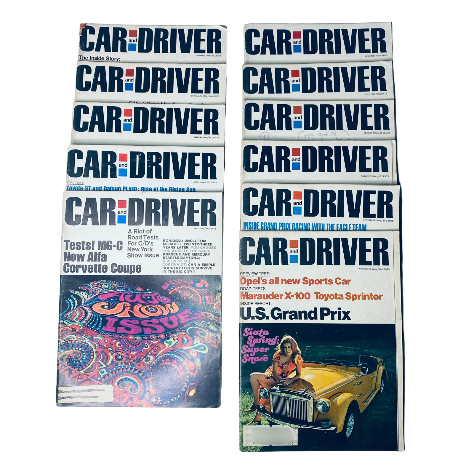 Lot of 11 Car and Driver Magazine issues from 1968, showcasing various covers featuring automotive reviews and industry insights.